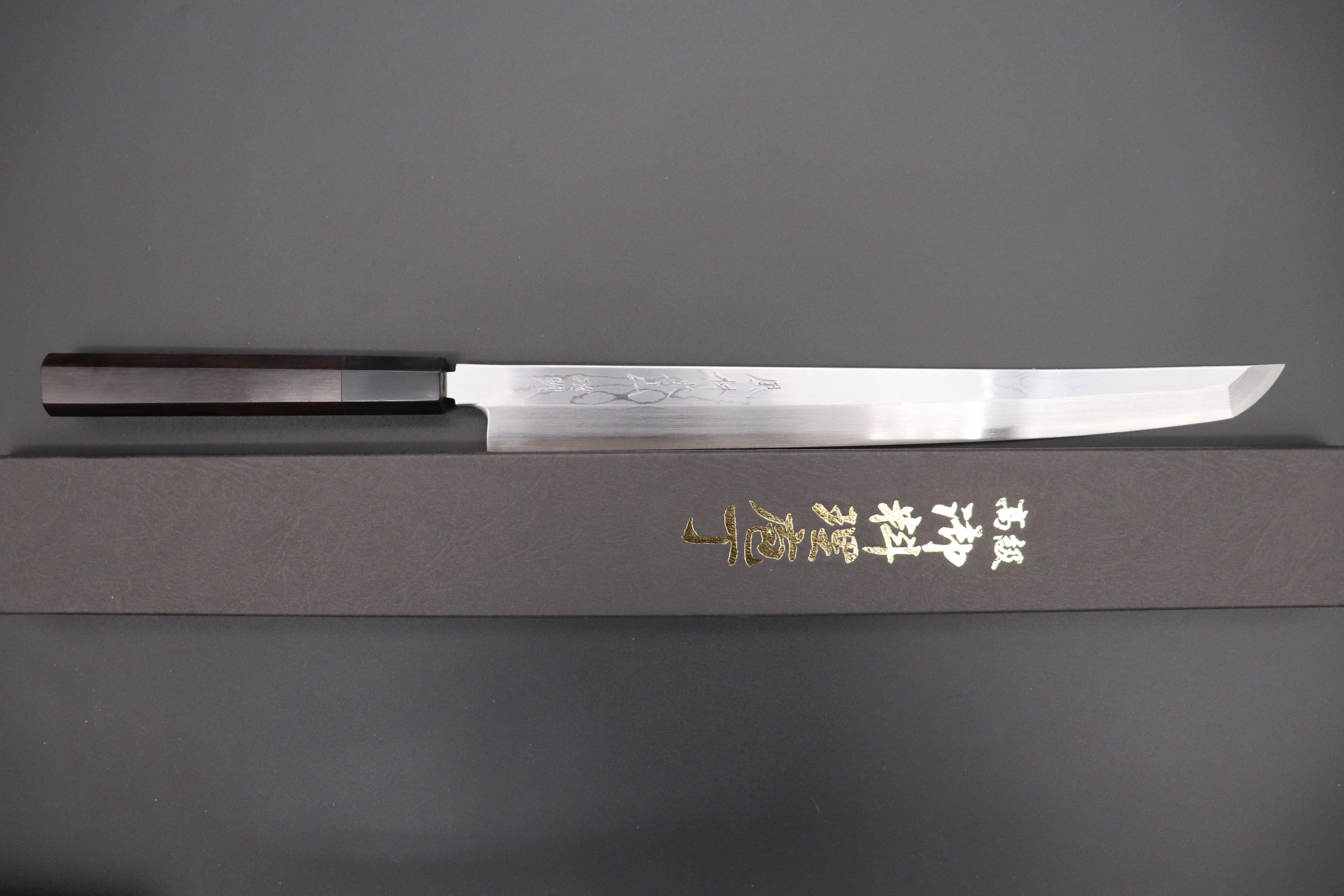 Fu-Rin-Ka-Zan Limited, Blue Steel No.1 Suminagashi FSO-B1SA Sakimaru Takohiki 300mm (Octagon Shaped Ebonywood Handle) - Image 9