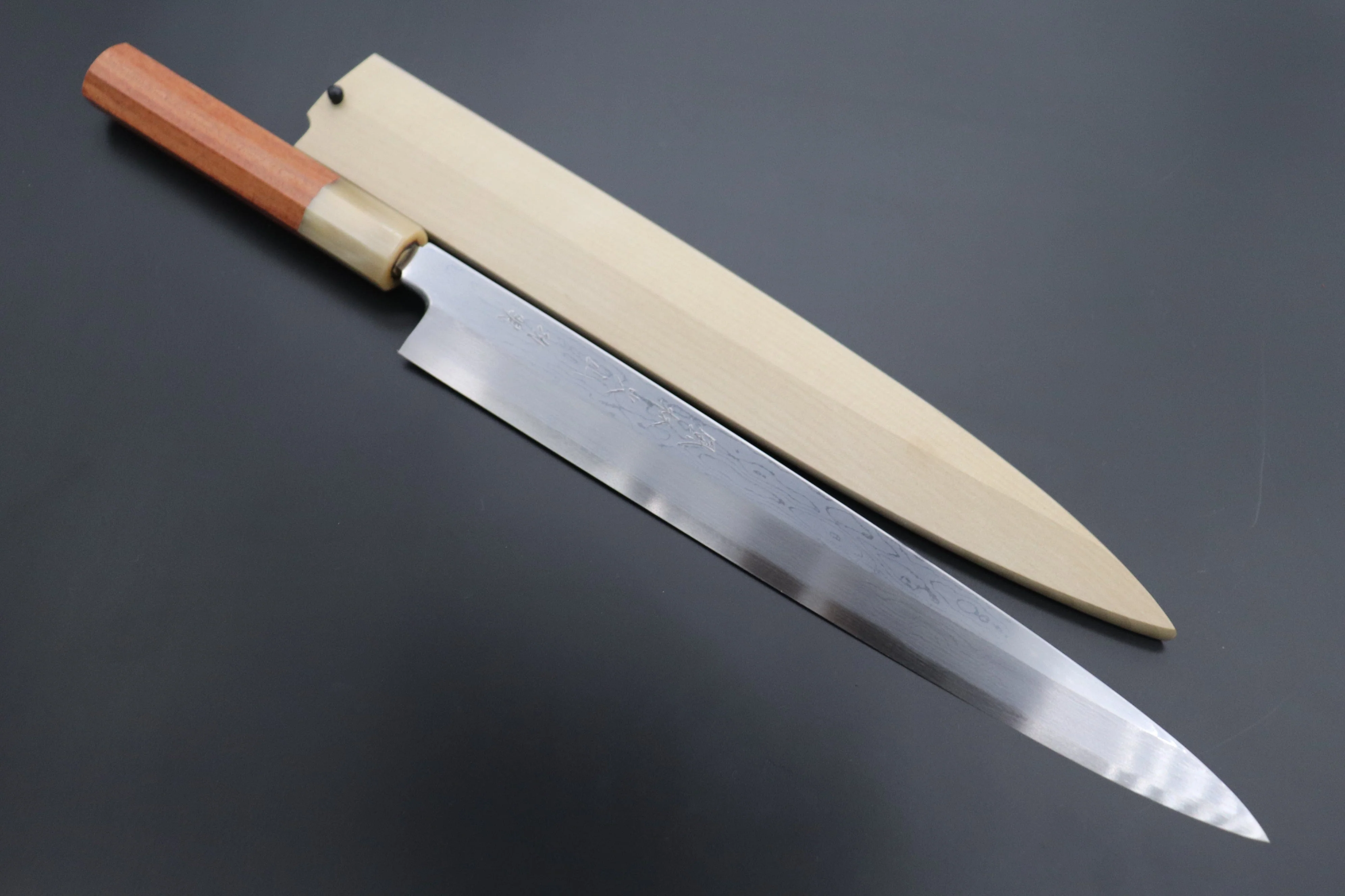 Fu-Rin-Ka-Zan Limited, Blue Steel No.1 Suminagashi Yanagiba (270mm and Yanagiba 300mm, 2 Sizes, Octagonal Quince Wood Handle) - Image 8
