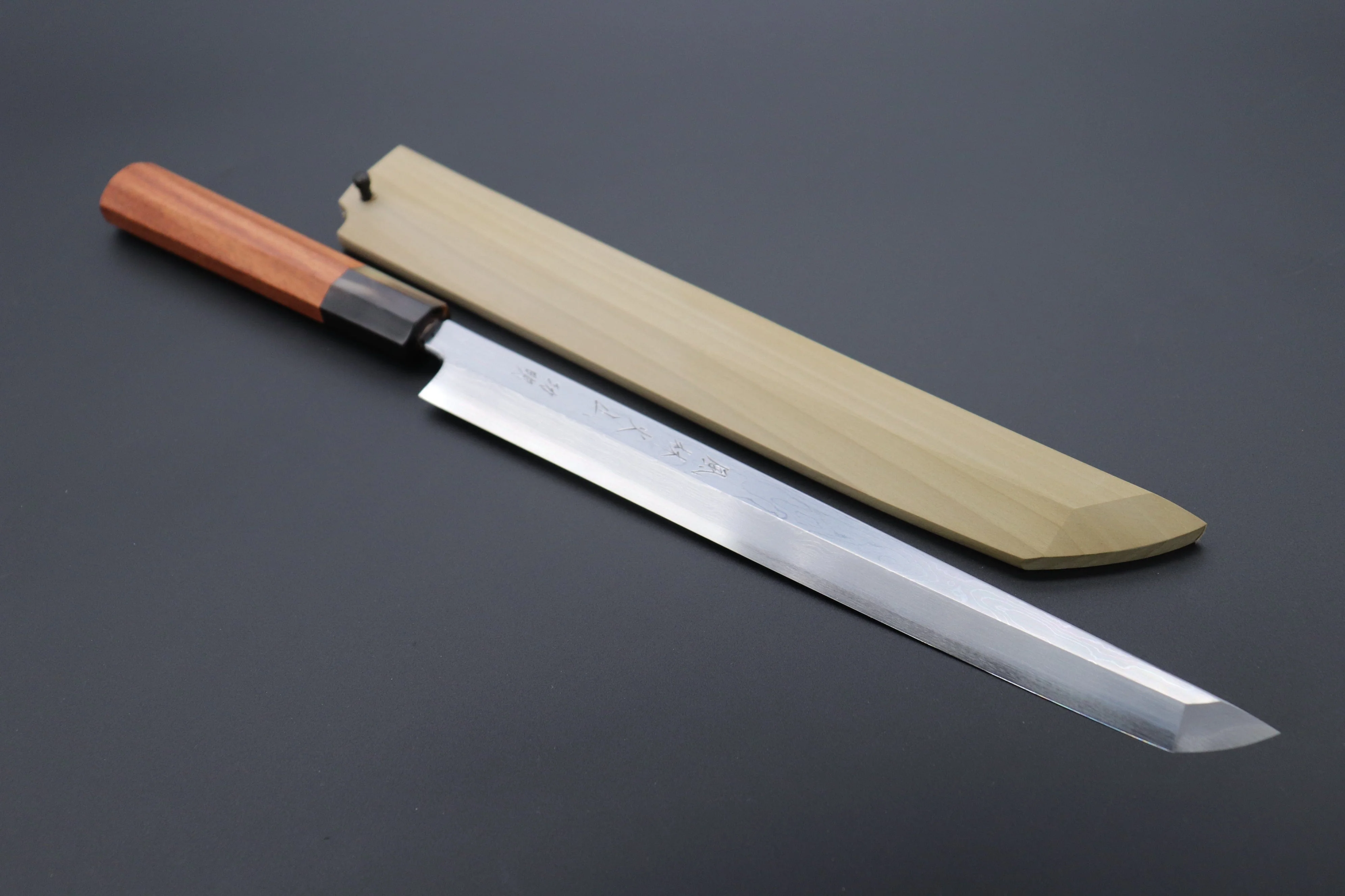 Fu-Rin-Ka-Zan Limited, FSO-13K Blue Steel No.1 Suminagashi Sakimaru Takohiki 270mm (10.6 inch, Quince Wood Handle) - Image 11