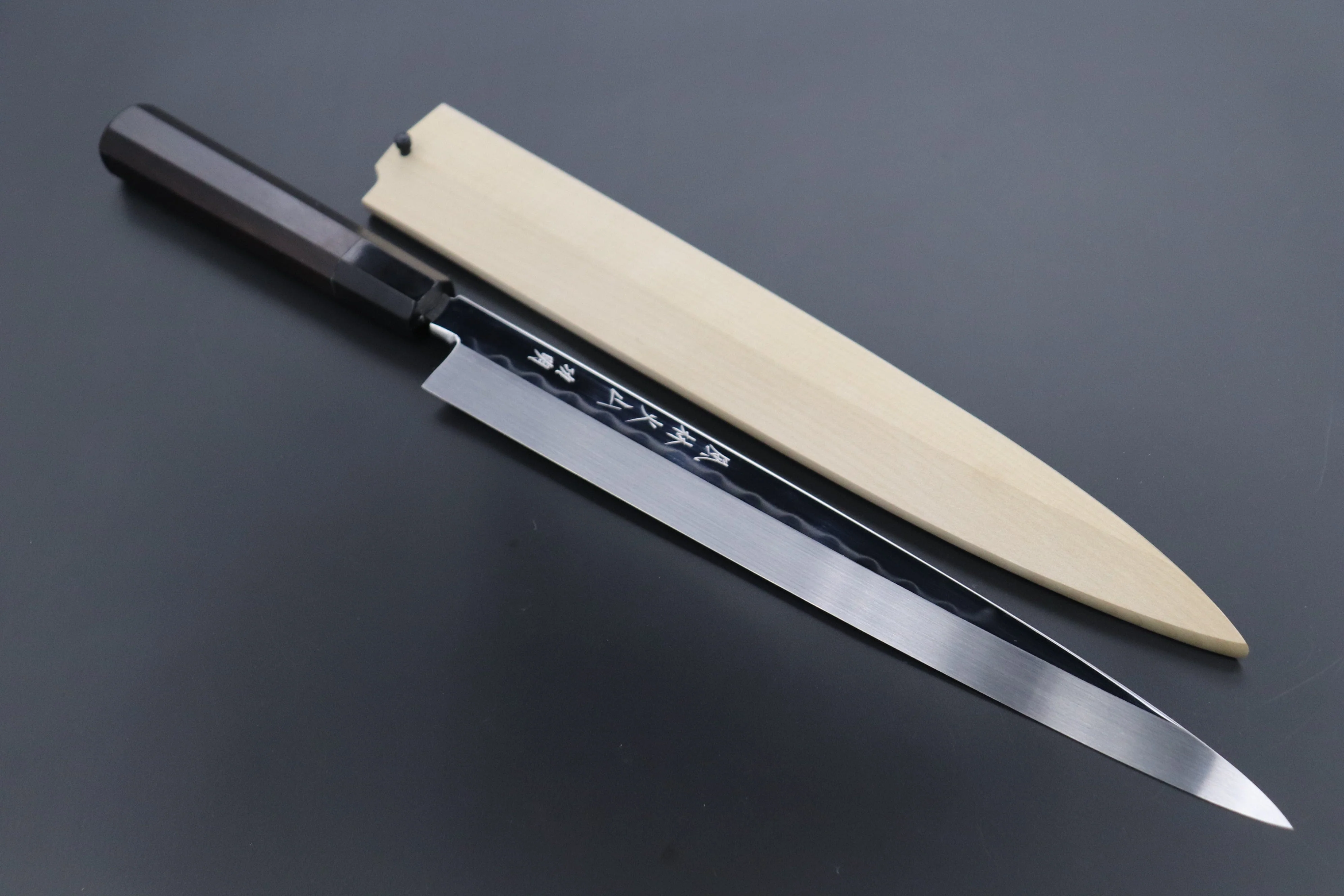 Fu-Rin-Ka-Zan Limited, Honyaki White Steel No.3 Yanagiba (270mm or 300mm, Perfectly Mirror Polished Blade for Face Side blade, Octagon Shaped Ebonywood Handle) - Image 9