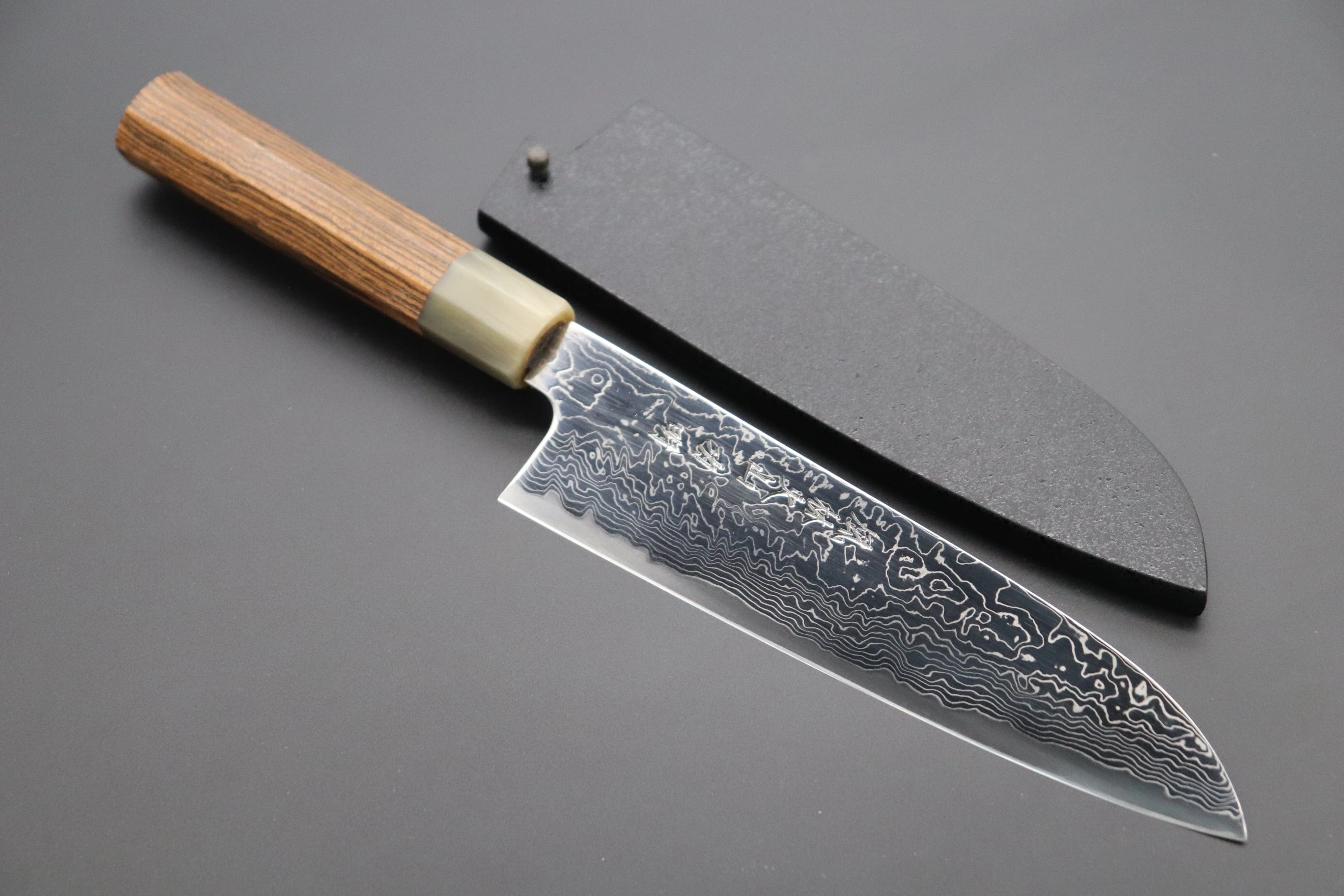 Fu-Rin-Ka-Zan R-2 Damascus Wa Series FRD-SB Wa Santoku 190mm (7.4 inch, Octagon Shaped Bocote Wood Handle)