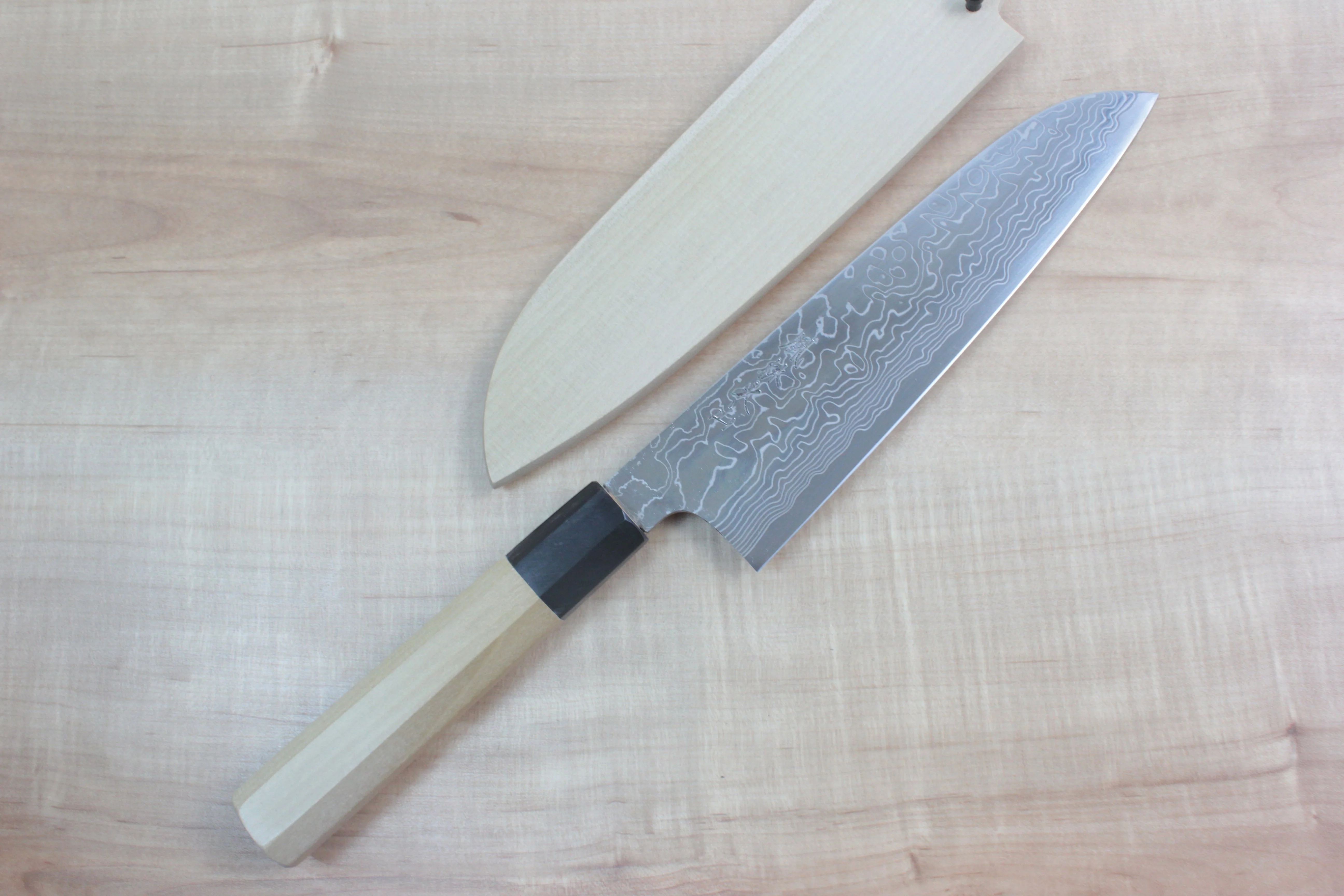 Fu-Rin-Ka-Zan R-2 Damascus Wa Series Wa Santoku 190mm (7.4 Inch, Octagon Shaped Magnolia Wooden Handle, FRD-S)