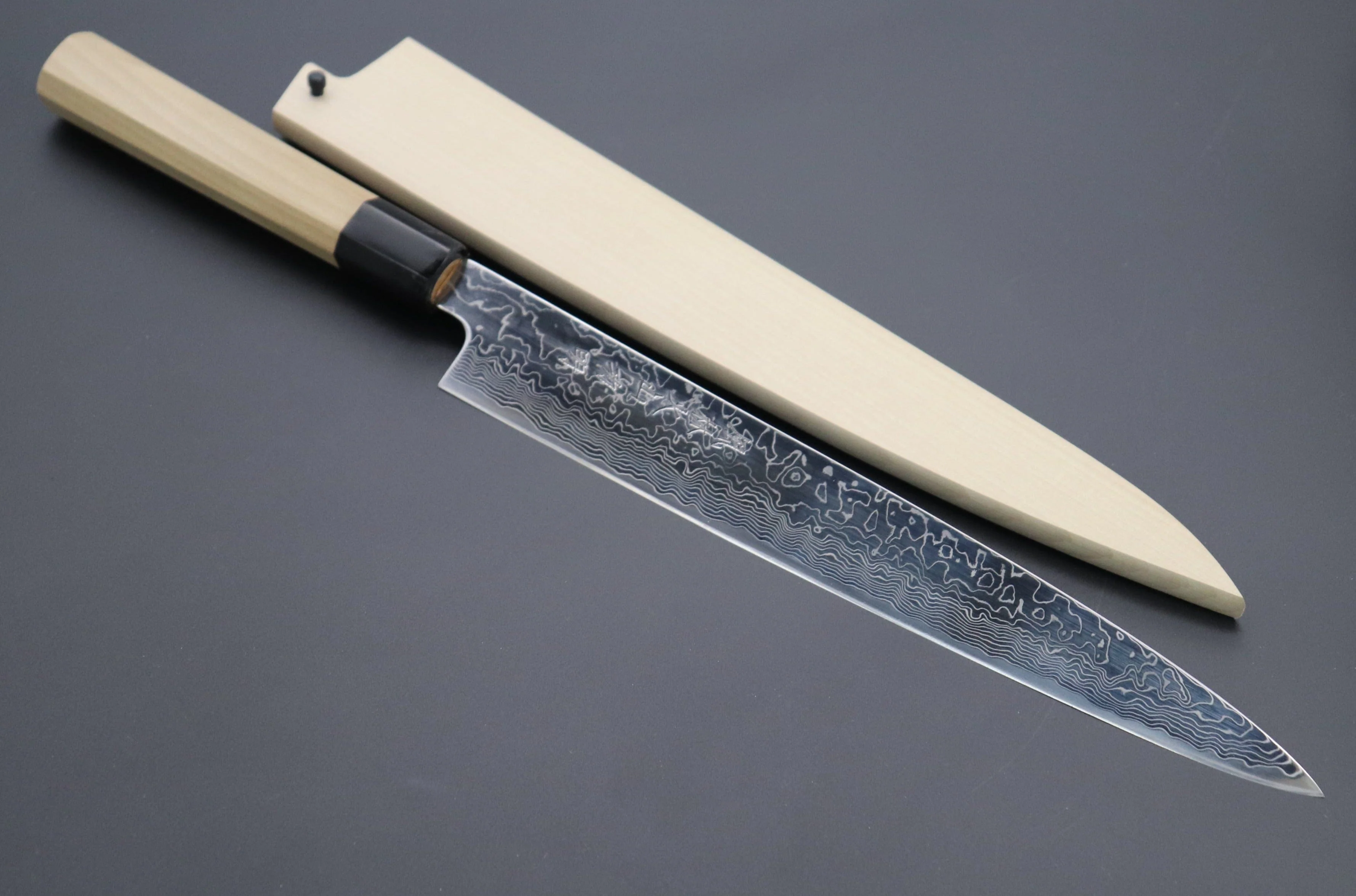 Fu-Rin-Ka-Zan R-2 Damascus Wa Series Wa Sujihiki (240mm and 270mm, 2 sizes) Octagonal Magnolia Wood Handle - Image 9