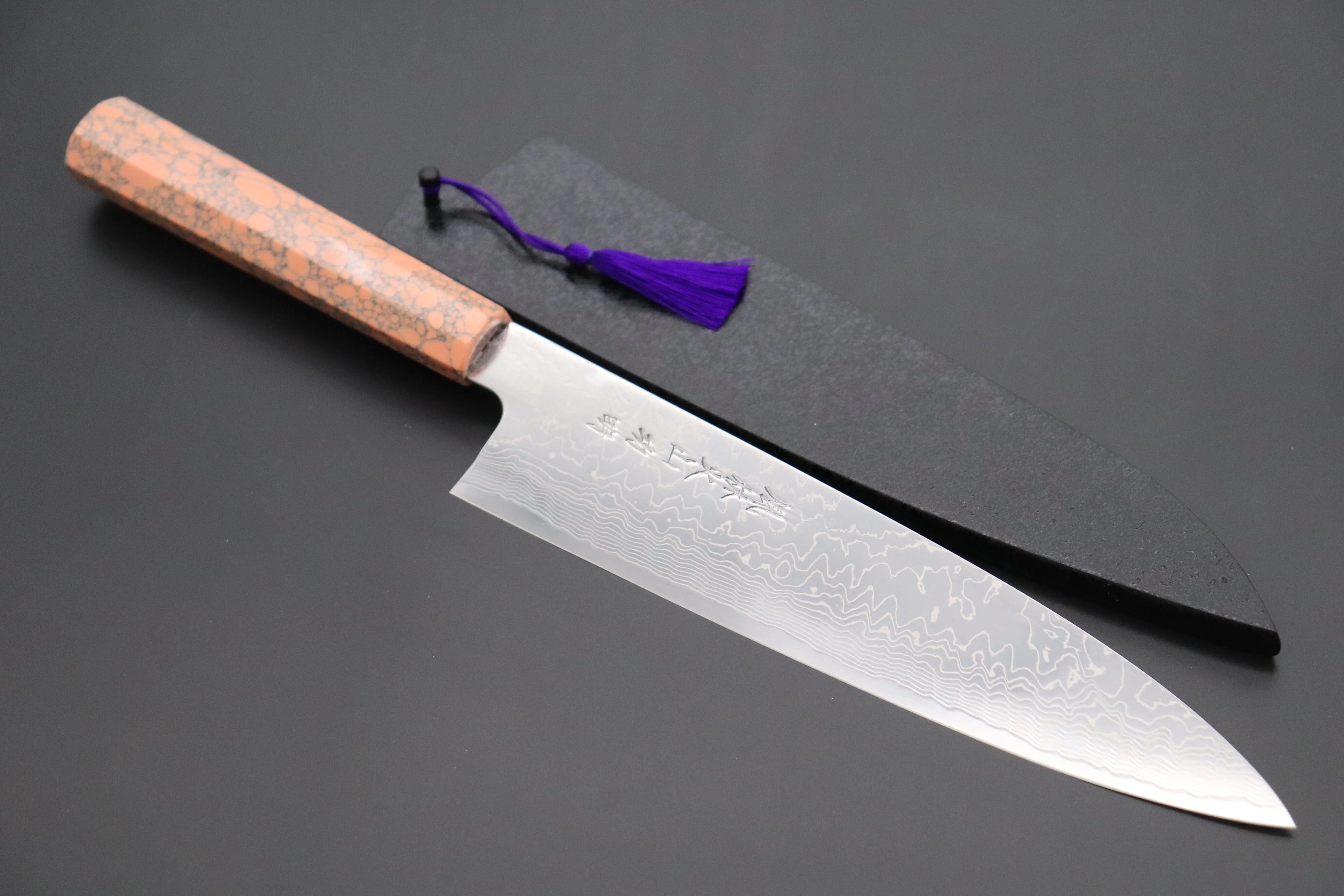Fu-Rin-Ka-Zan YUTAKA 豊佳 Series R-2 Damascus Edition FRDYP-9 Wa Gyuto 240mm (9.4 Inch, Octagonal Soft Pink Turquoise Composite Stone Handle)