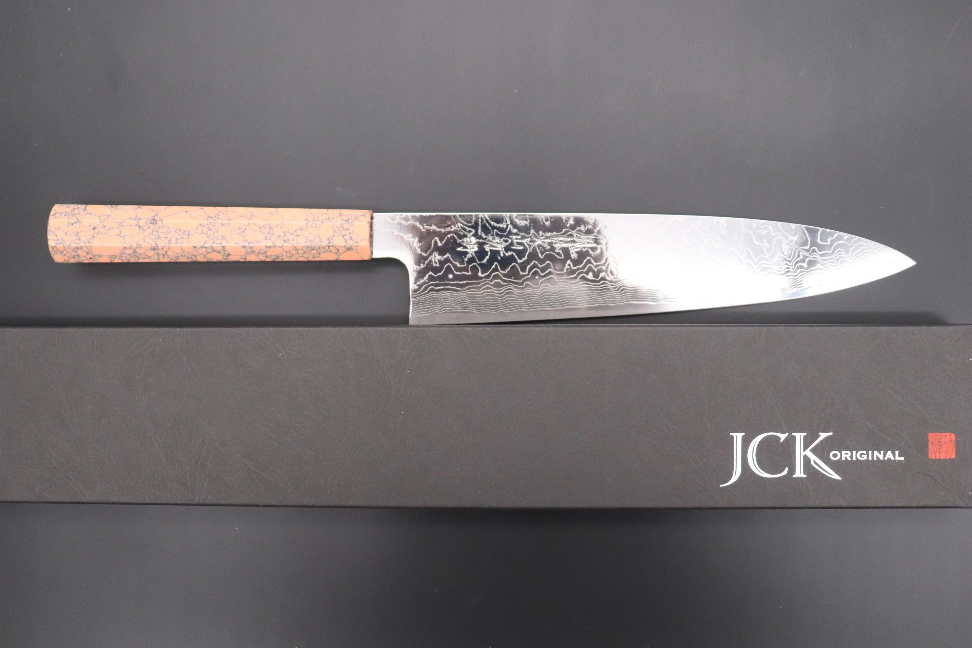 Fu-Rin-Ka-Zan YUTAKA 豊佳 Series R-2 Damascus Edition FRDYP-9 Wa Gyuto 240mm (9.4 Inch, Octagonal Soft Pink Turquoise Composite Stone Handle) - Image 9