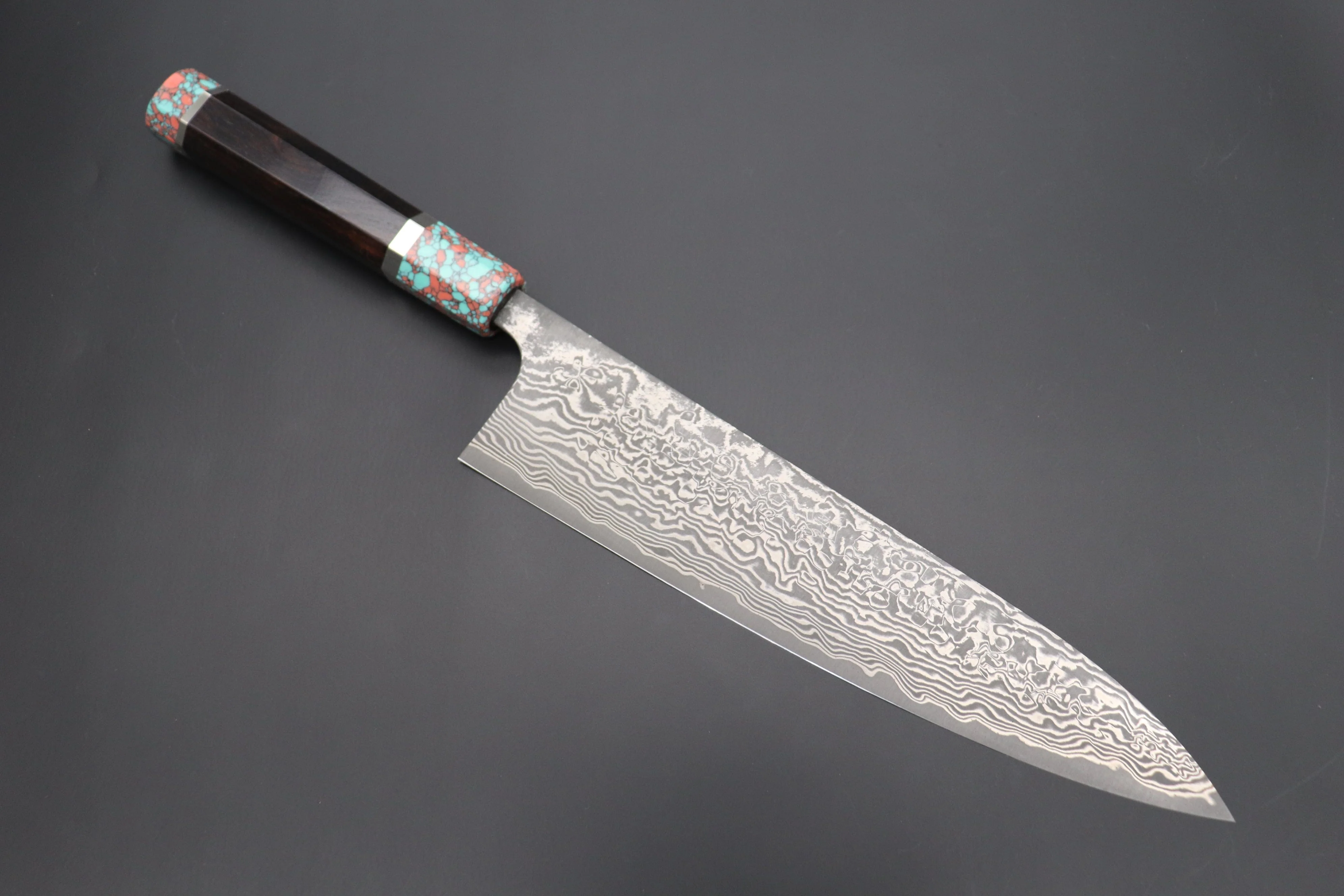 Fu-Rin-Ka-Zan YUTAKA 豊佳 Series R-2 Damascus Edition FRYP-44 Wa Gyuto 240mm (9.4 inch, Octagon Shaped Ebonywood Handle with Fancy Green & Pink Turquoise Composite Stone Ferrule & Butt)