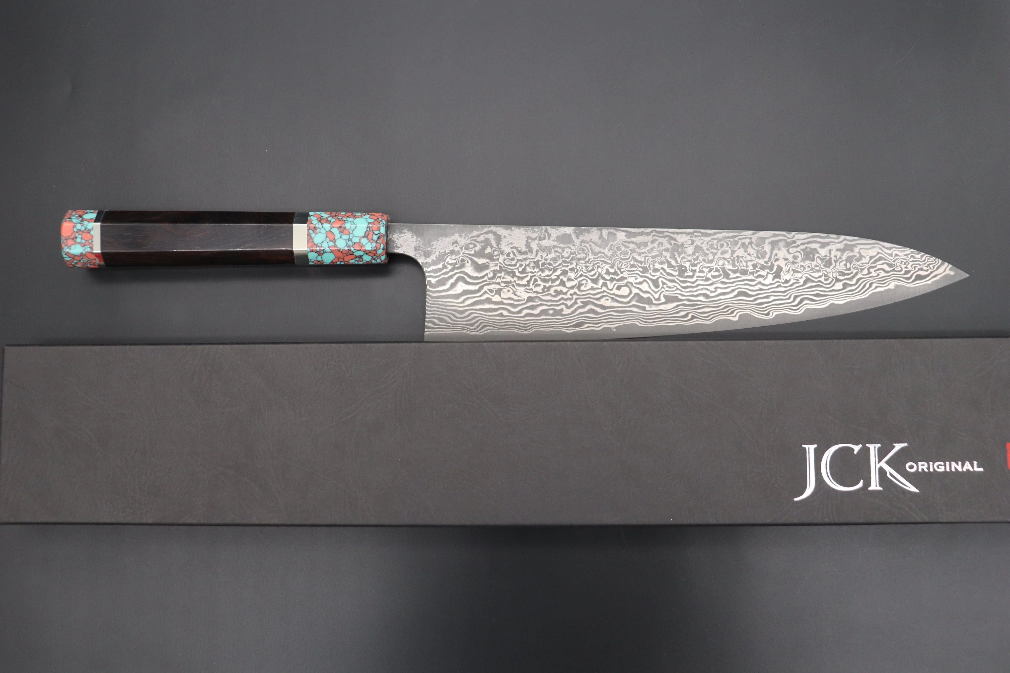 Fu-Rin-Ka-Zan YUTAKA 豊佳 Series R-2 Damascus Edition FRYP-44 Wa Gyuto 240mm (9.4 inch, Octagon Shaped Ebonywood Handle with Fancy Green & Pink Turquoise Composite Stone Ferrule & Butt) - Image 7