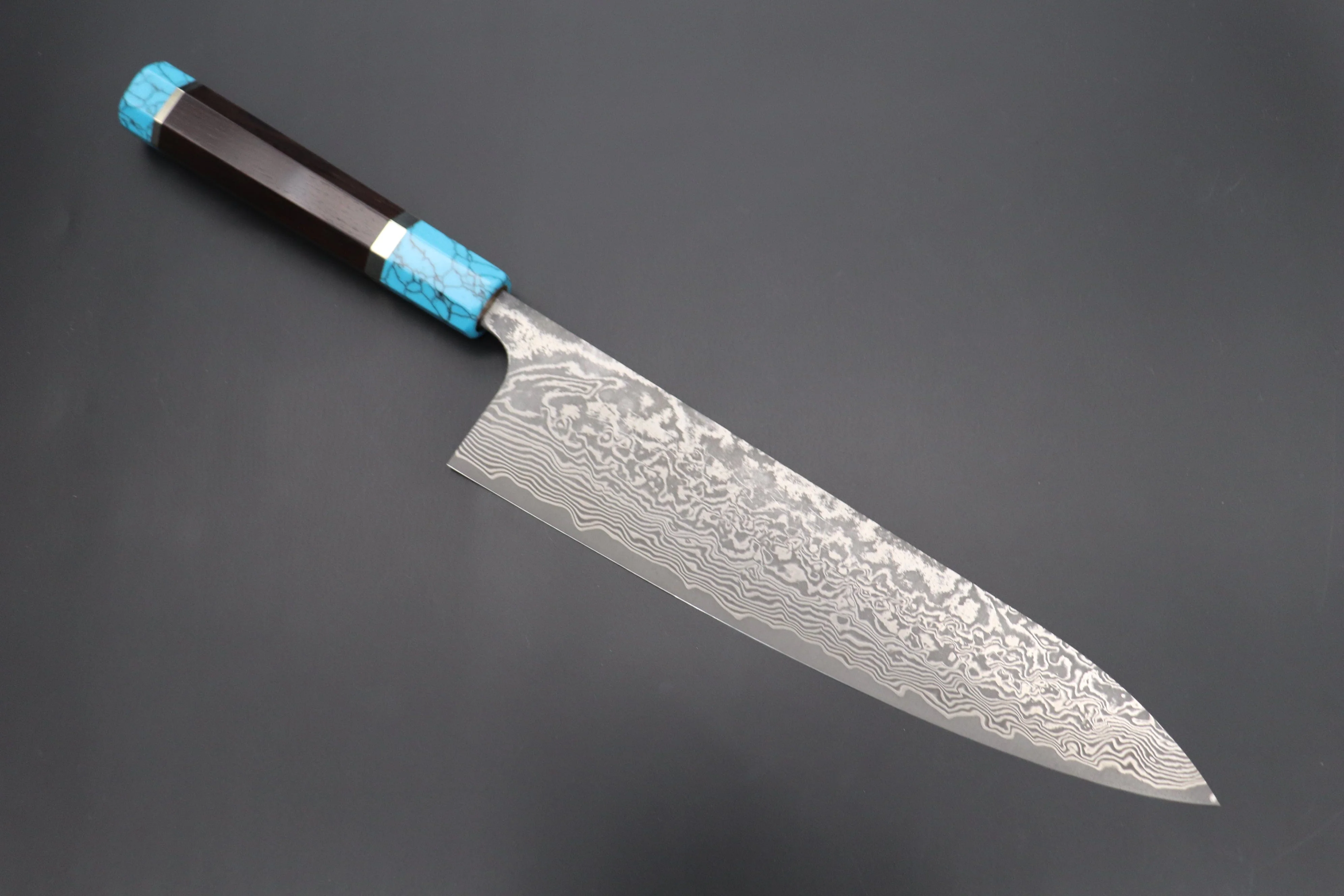 Fu-Rin-Ka-Zan YUTAKA 豊佳 Series R-2 Damascus Edition FRYP-45 Wa Gyuto 240mm (9.4 inch, Octagon Shaped Ebonywood Handle with Turquoise Composite Stone Ferrule & Butt)