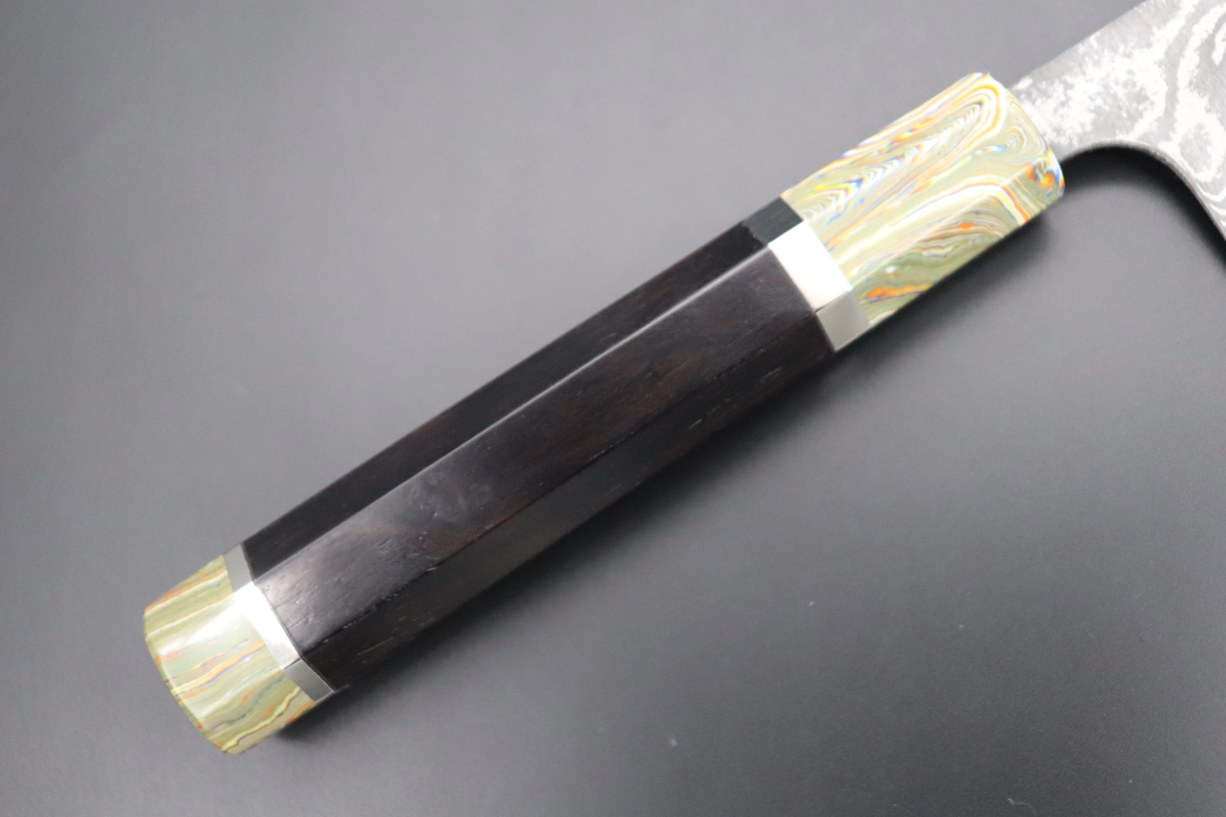 Fu-Rin-Ka-Zan YUTAKA 豊佳 Series R-2 Damascus Edition FRYP-46 Wa Gyuto 240mm (9.4 inch, Octagon Shaped Ebonywood Handle with Fancy Green Composite Stone Ferrule & Butt) - Image 4
