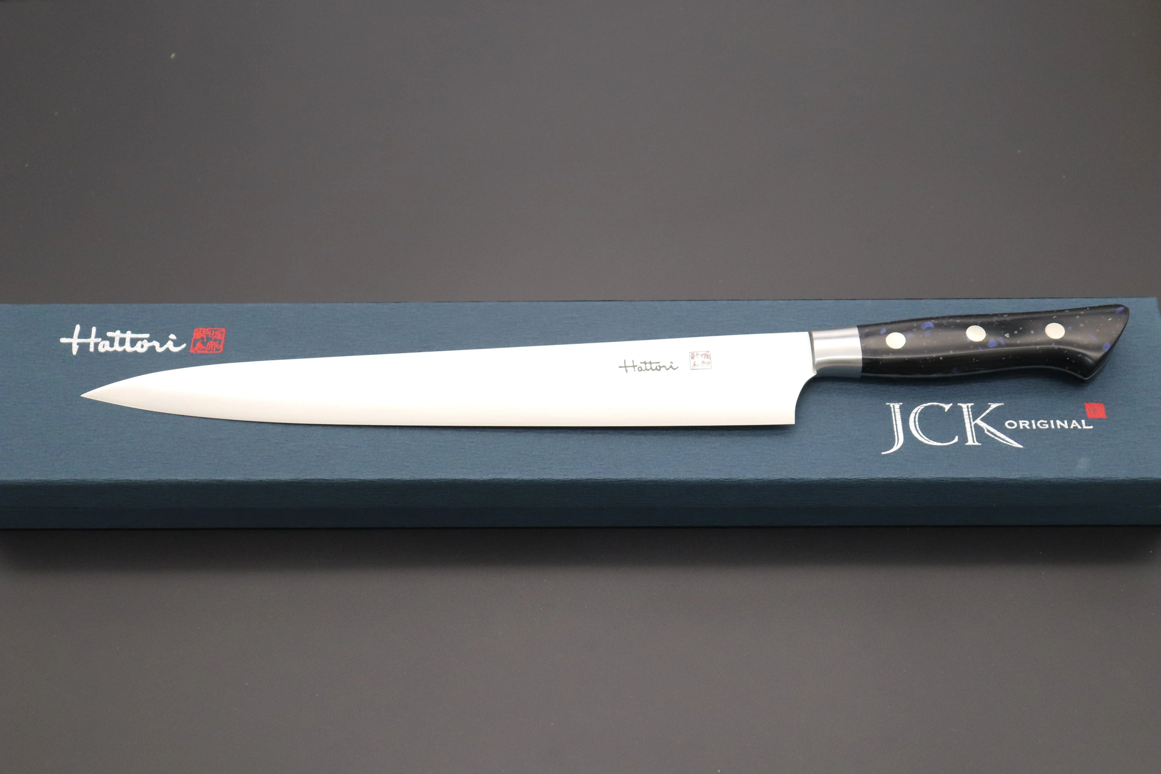 Hattori FH Solid VG-10 Series Limited Edition Sujihiki (230mm and 300mm, 3 sizes, "Black Space" Corian® Handle) - Image 11