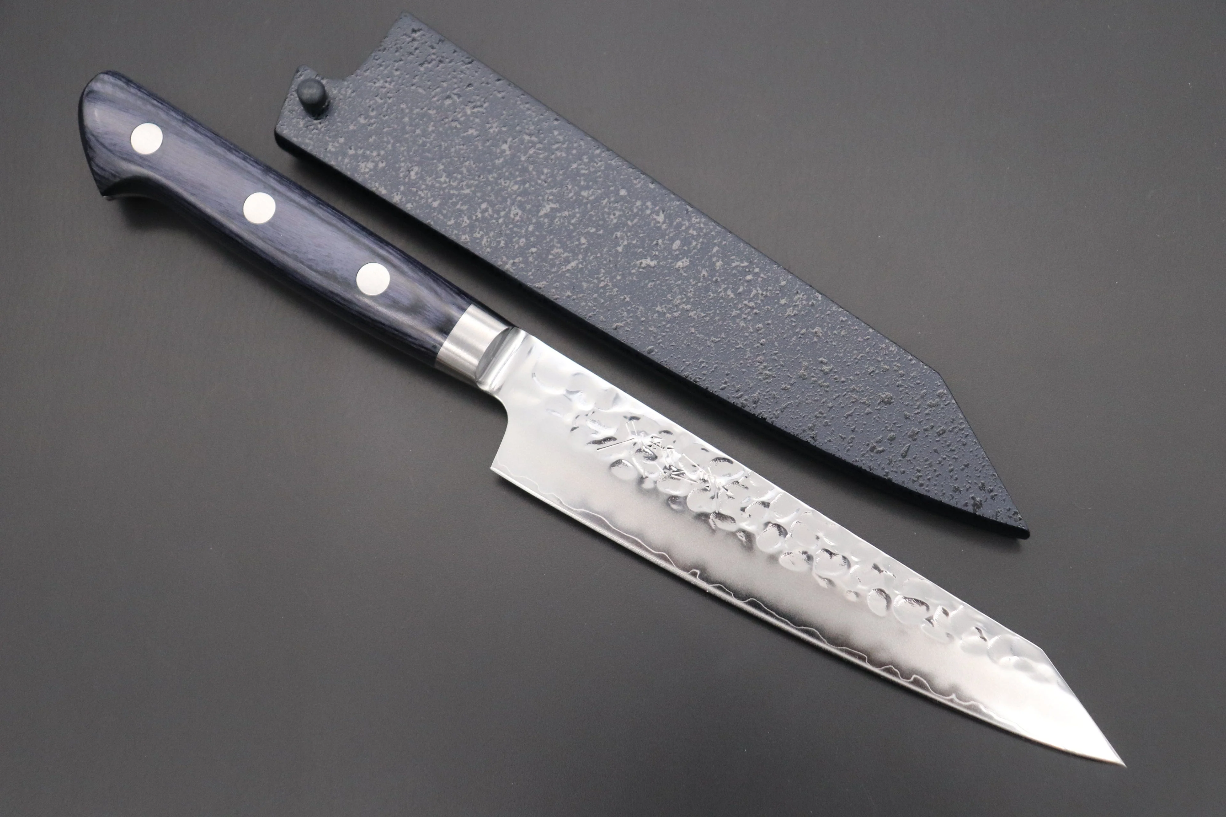 JCK Natures 青雲 Blue Clouds Series BCP-1 AUS-10 Tsuchime Hammered Kiritsuke (Bunka) Petty 140mm (5.5 inch, Royal Blue-Purple Pakka Wood Handle) - Image 8