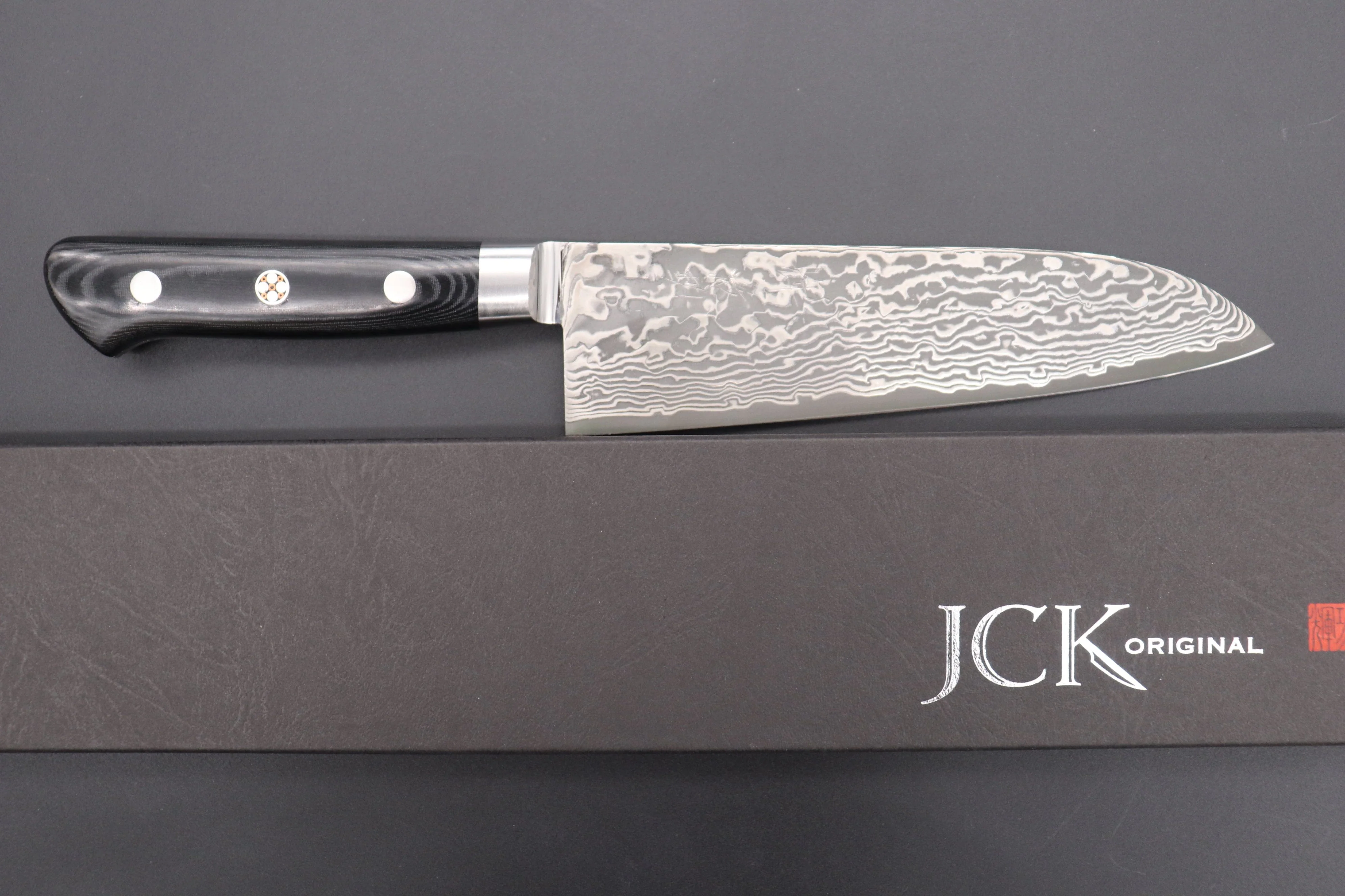 JCK Original Kagayaki R-2 Black Custom Damascus KGRB-2 Santoku 175mm (6.8 inch, Hammer Forged Blade) - Image 9