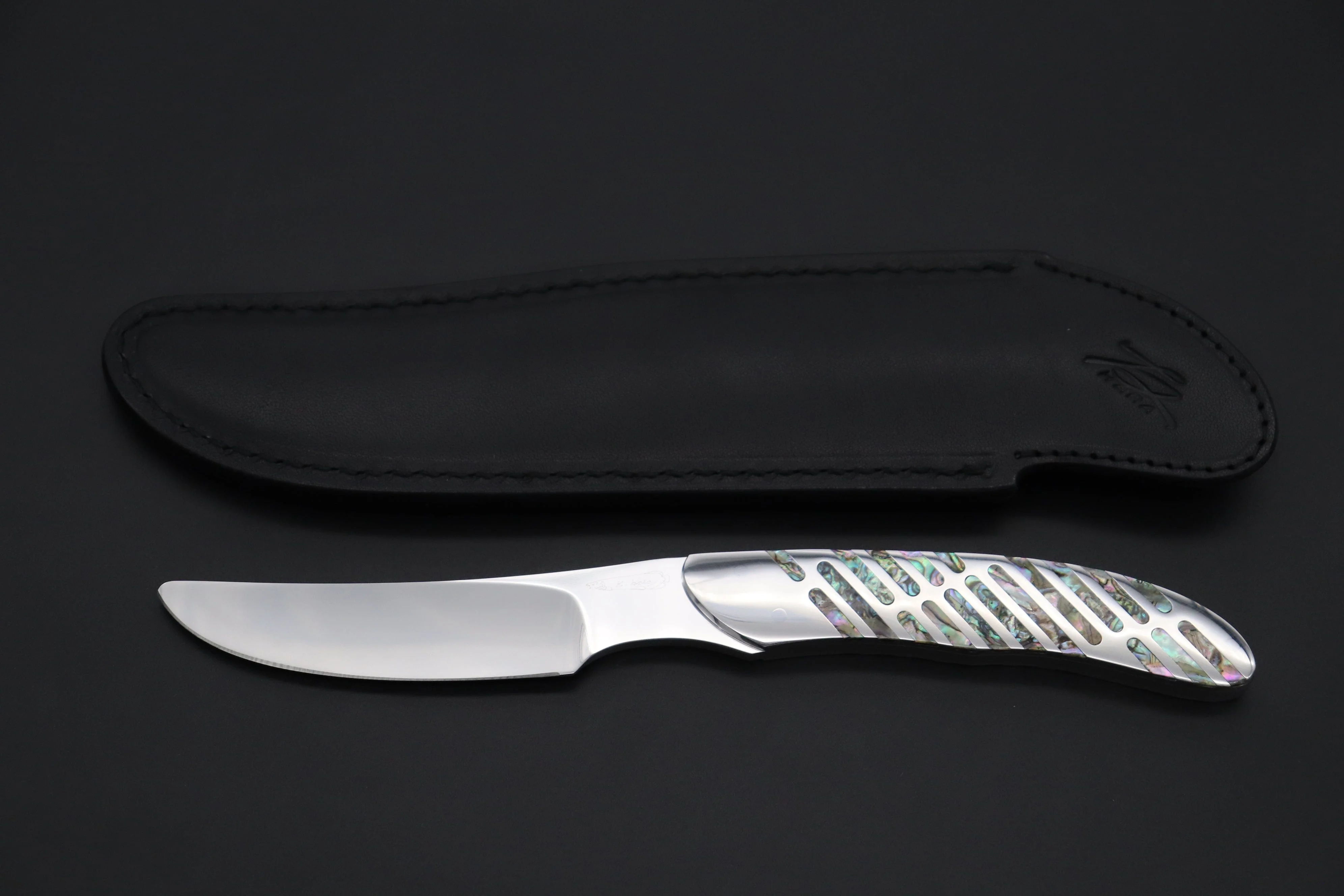 Koji Hara KH-540 M-390 Perfect Mirror Polish, Custom Utility Steak Knife "Circle Abalone" - Image 10