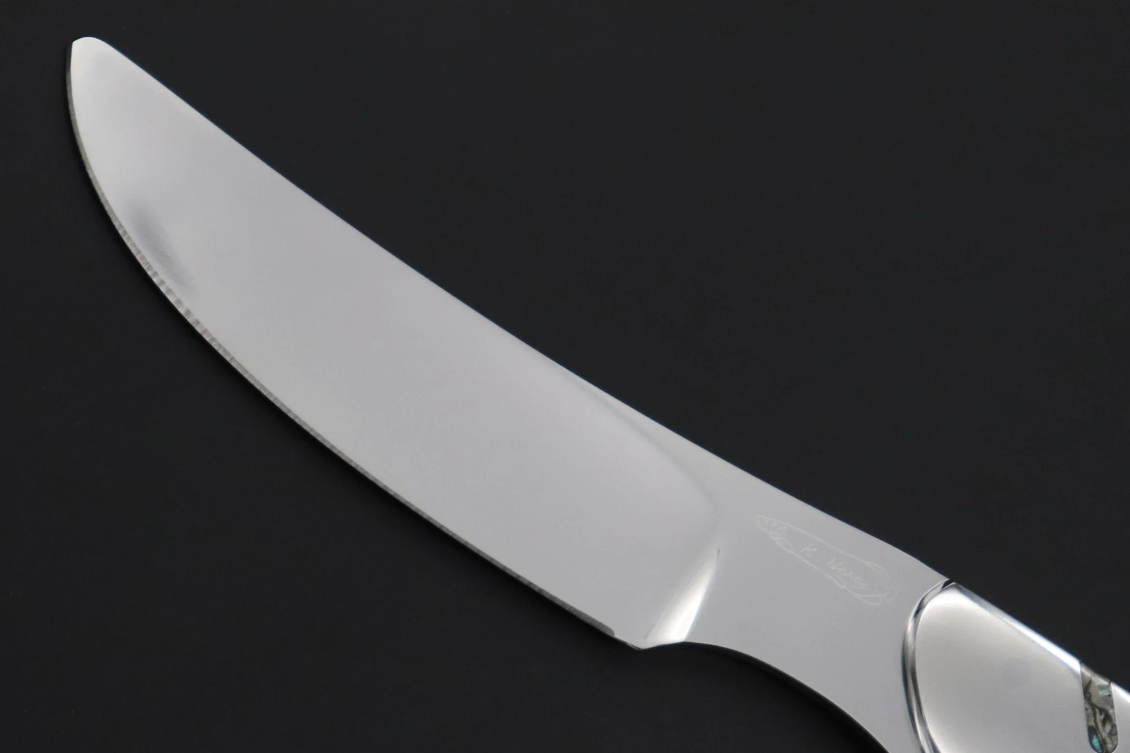 Koji Hara KH-540 M-390 Perfect Mirror Polish, Custom Utility Steak Knife "Circle Abalone" - Image 2