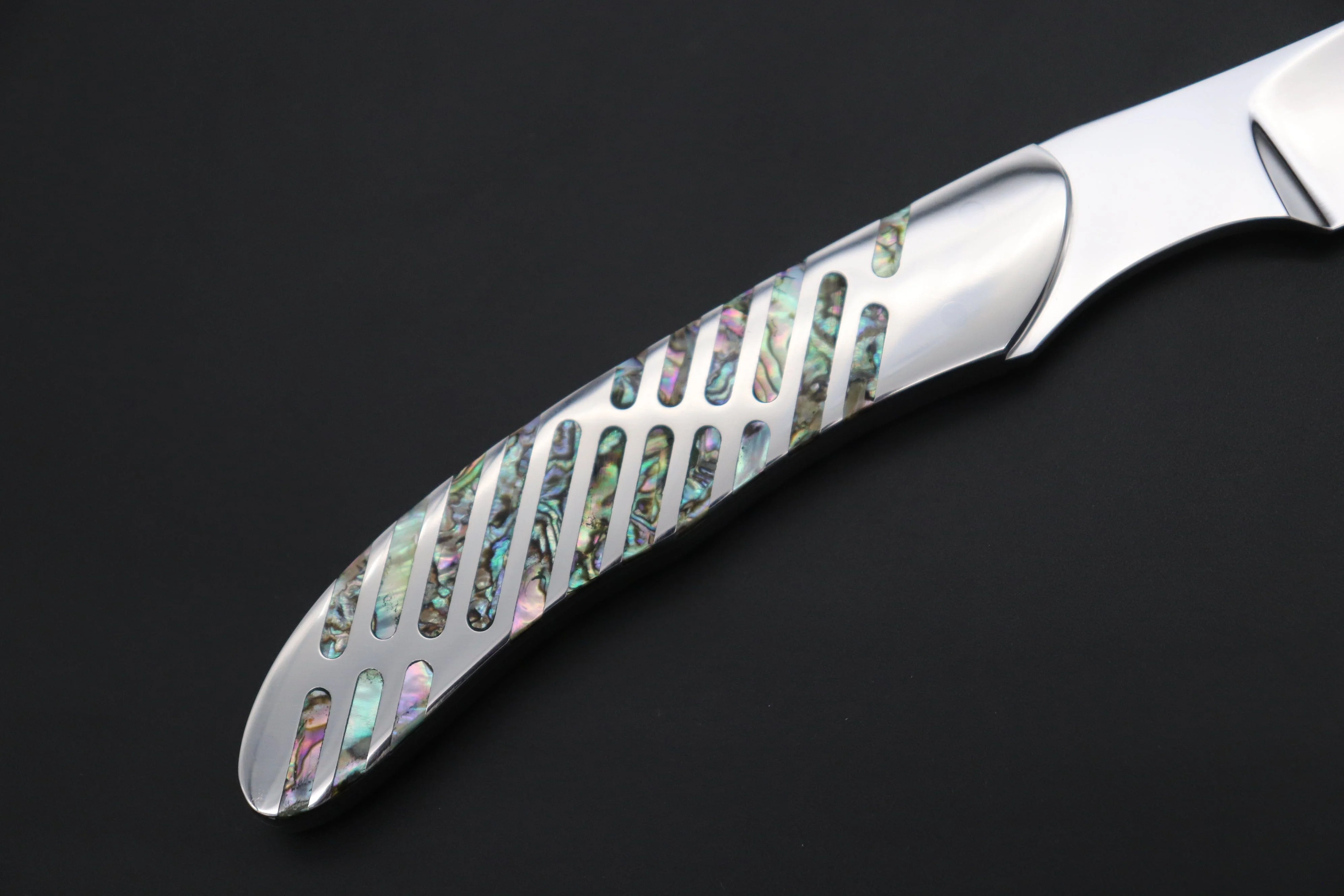Koji Hara KH-540 M-390 Perfect Mirror Polish, Custom Utility Steak Knife "Circle Abalone" - Image 7