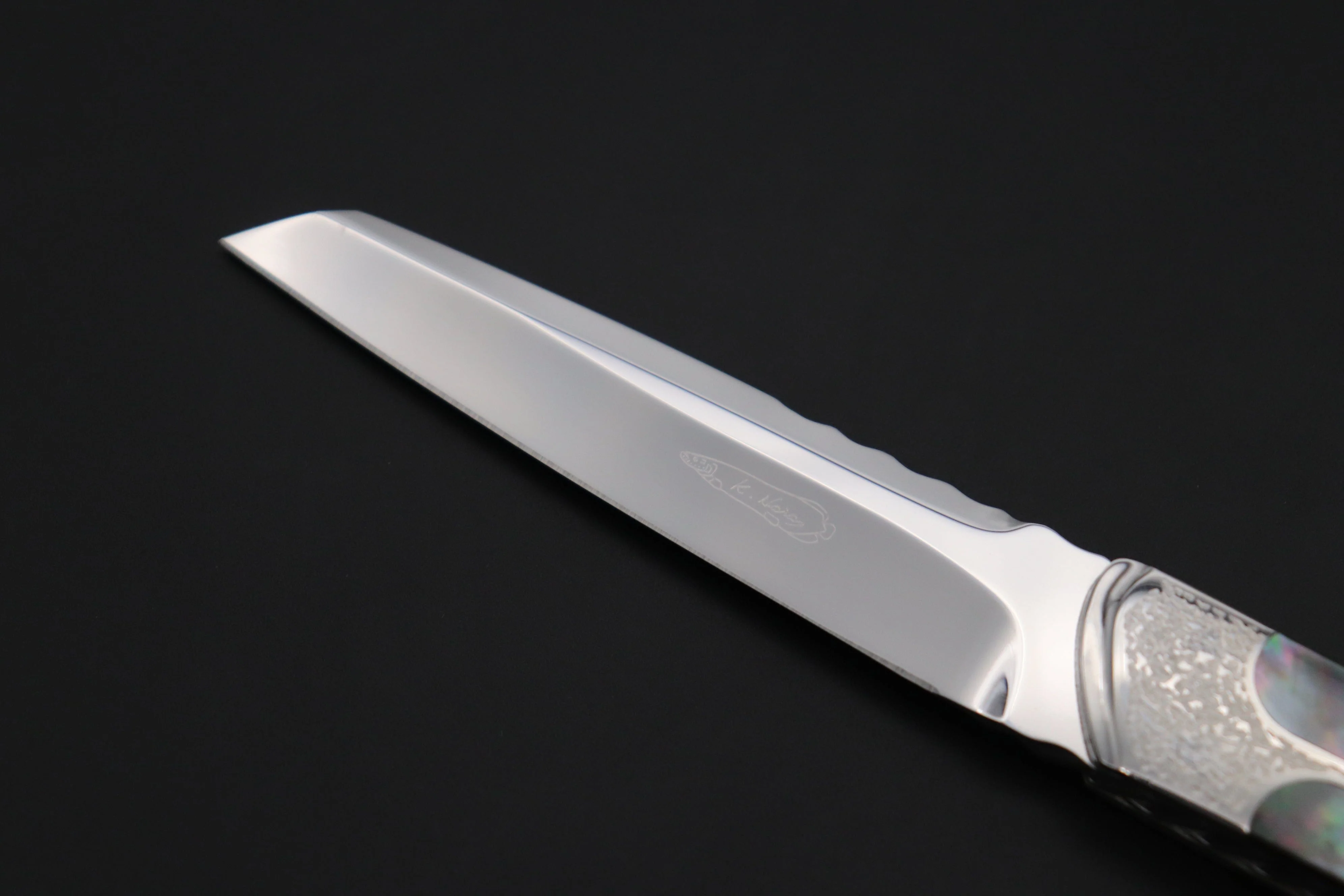Koji Hara KH-550 M-390 Perfect Mirror Polish, Custom Utility Steak Knife "Silver Tanto" - Image 2