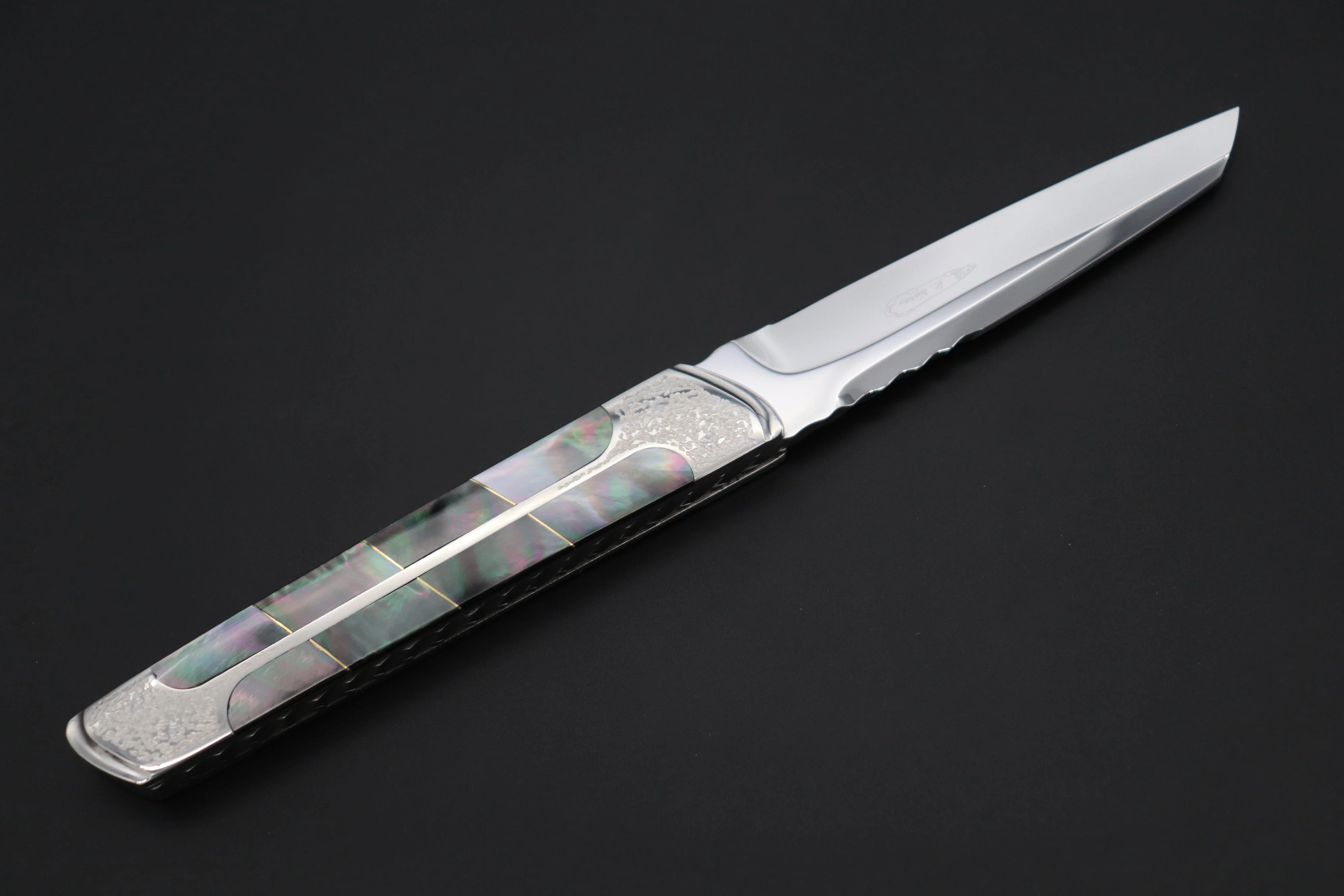 Koji Hara KH-550 M-390 Perfect Mirror Polish, Custom Utility Steak Knife "Silver Tanto" - Image 9