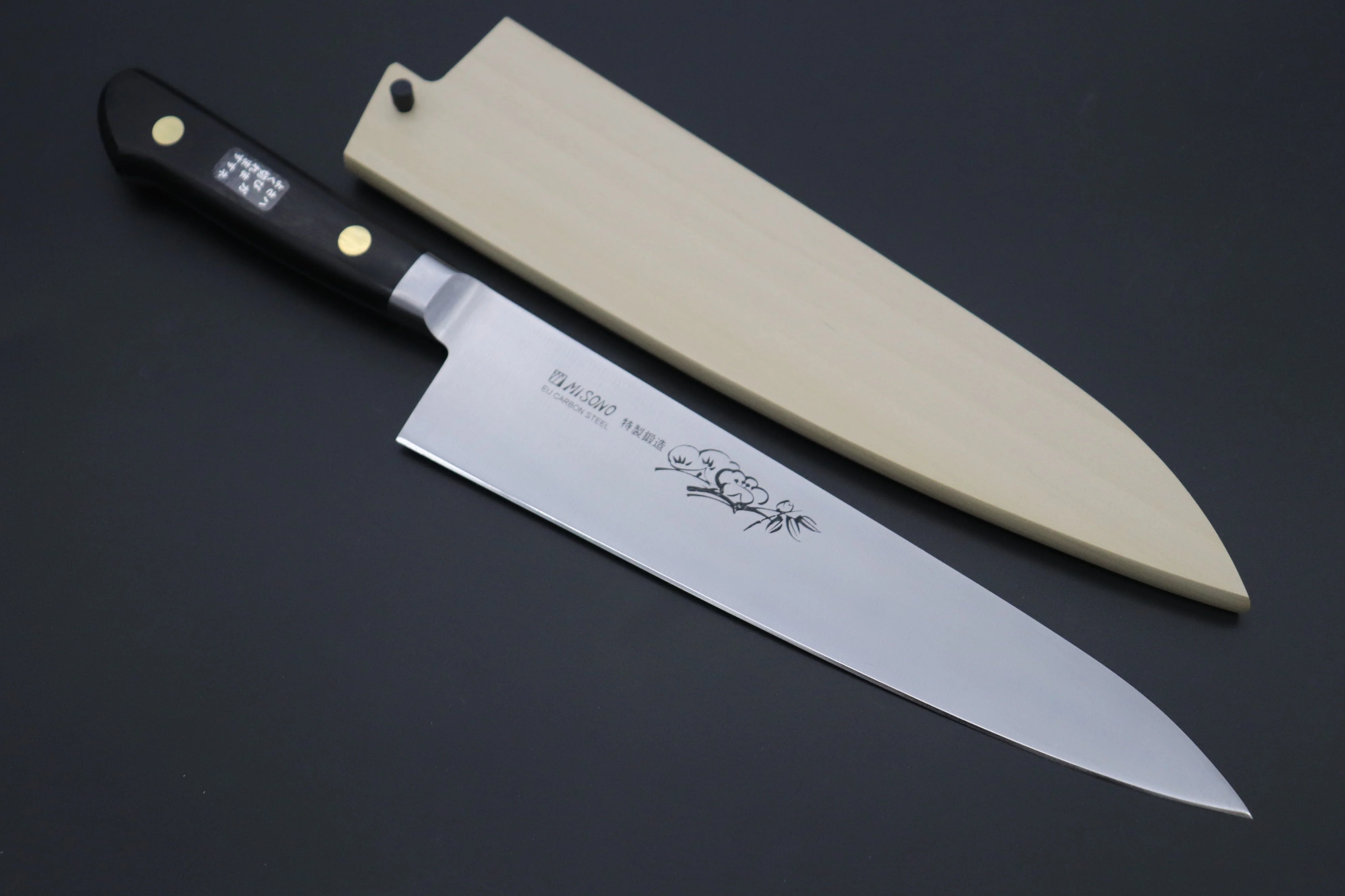 Misono "Carbon Steel Lover 2Pcs Set Part 2" Sweden Steel Series No.131 Petty 120mm (4.7 inch) and No.112 Gyuto 210mm (8.2 Inch) (comes with Magnolia Wooden Sayas + Tsubaki Oil) - Image 3