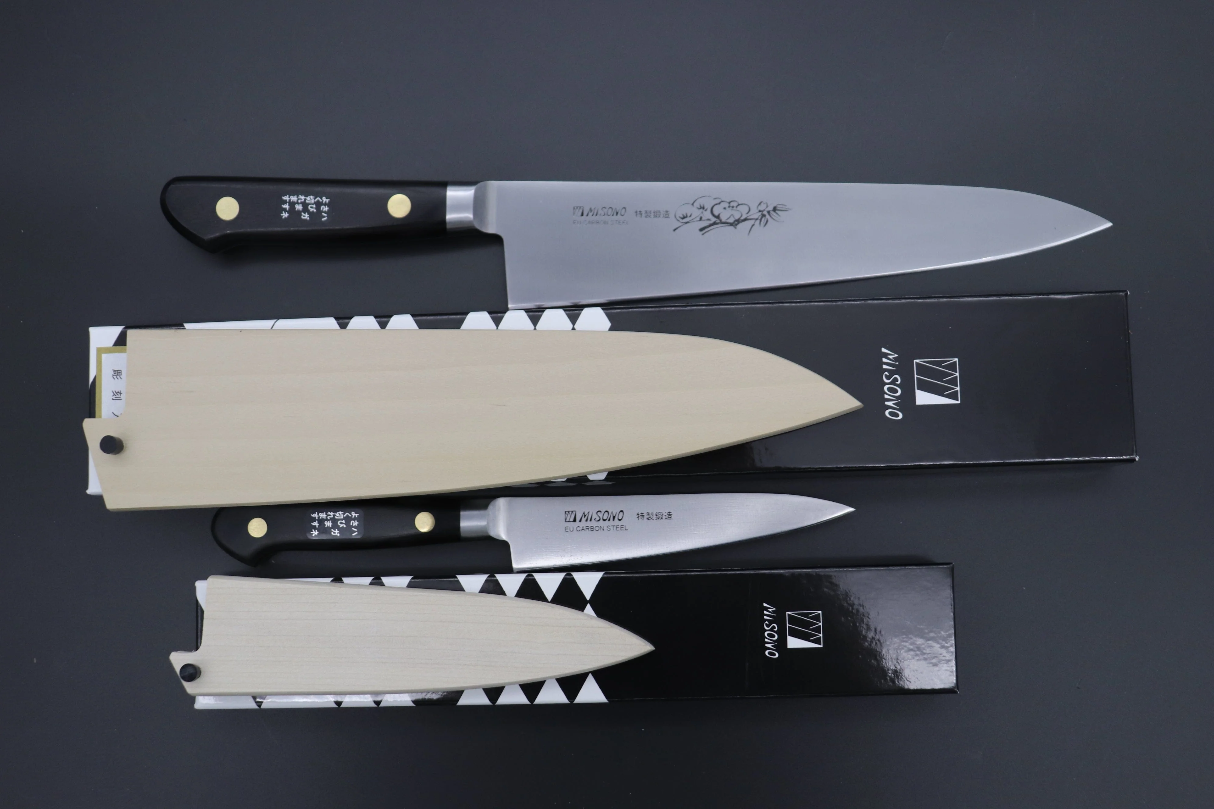 Misono "Carbon Steel Lover 2Pcs Set Part 2" Sweden Steel Series No.131 Petty 120mm (4.7 inch) and No.112 Gyuto 210mm (8.2 Inch) (comes with Magnolia Wooden Sayas + Tsubaki Oil) - Image 4