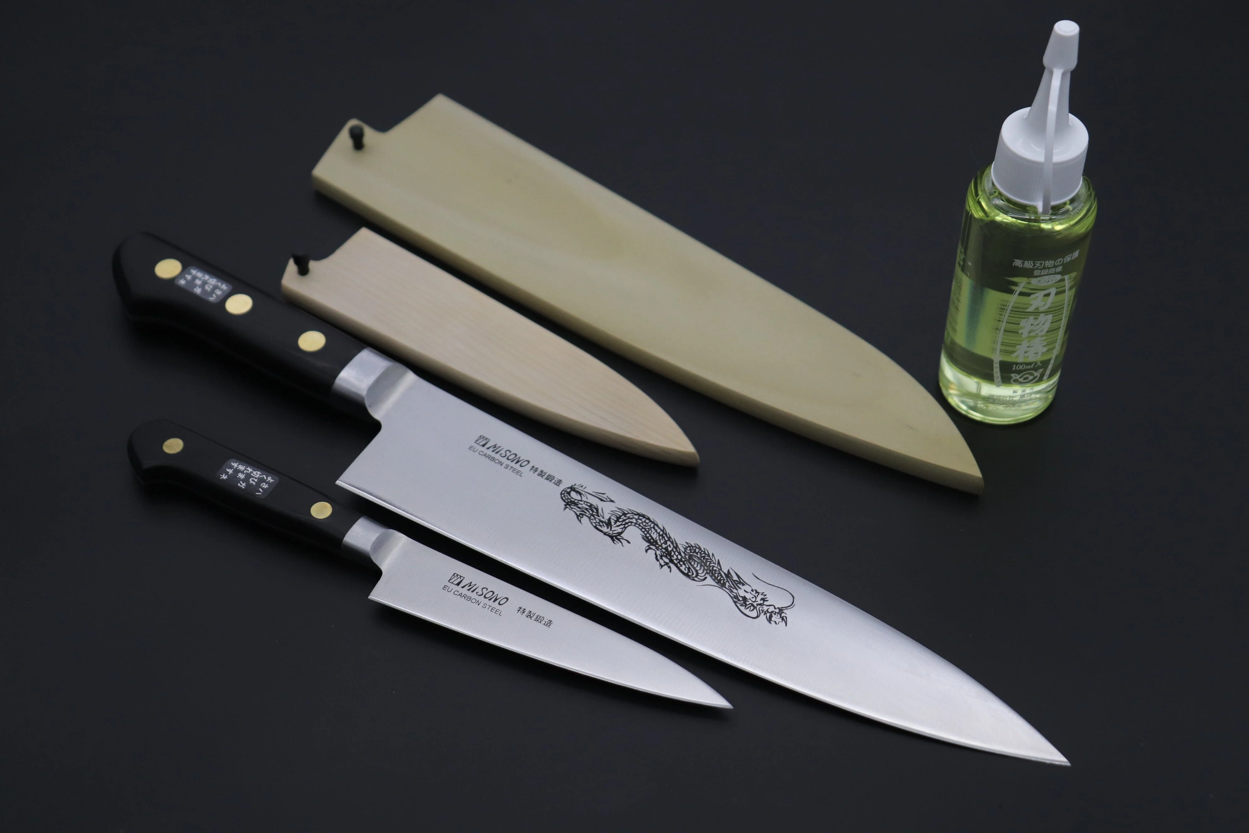 Misono "Carbon Steel Lover 2Pcs Set Part 3" Sweden Steel Series No.131 Petty 120mm (4.7 inch) and No.113 Gyuto 240mm (9.4 Inch) (comes with Magnolia Wooden Sayas + Tsubaki Oil)