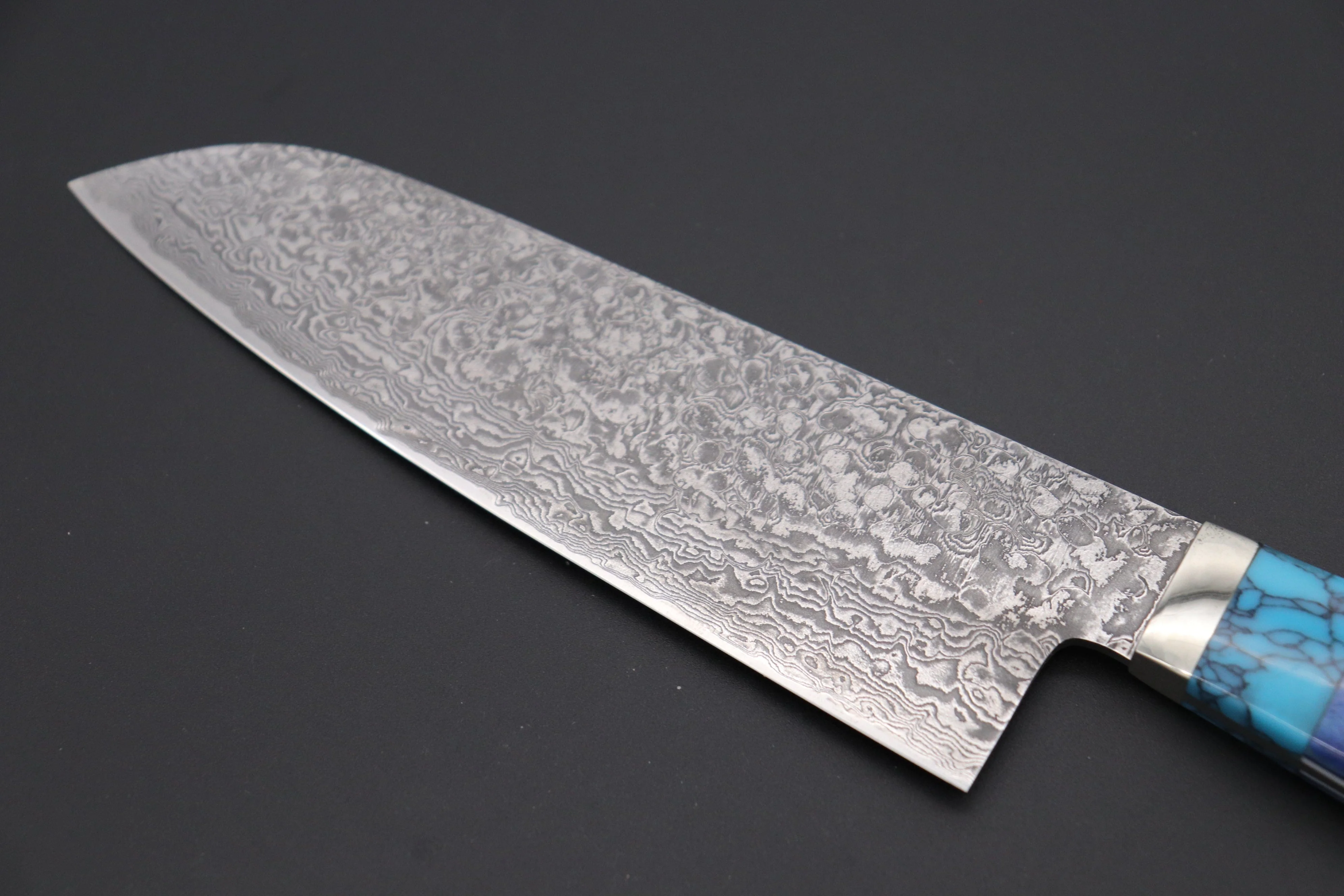 Mr. Itou “Luna Series” R-2 Custom Damascus Santoku 170mm (6.6 inch, "Custom Combination Handle(Turquoise Gem-Composite Stone/Blue Color Camel Bone/Ironwood)" (IT-162) - Image 2