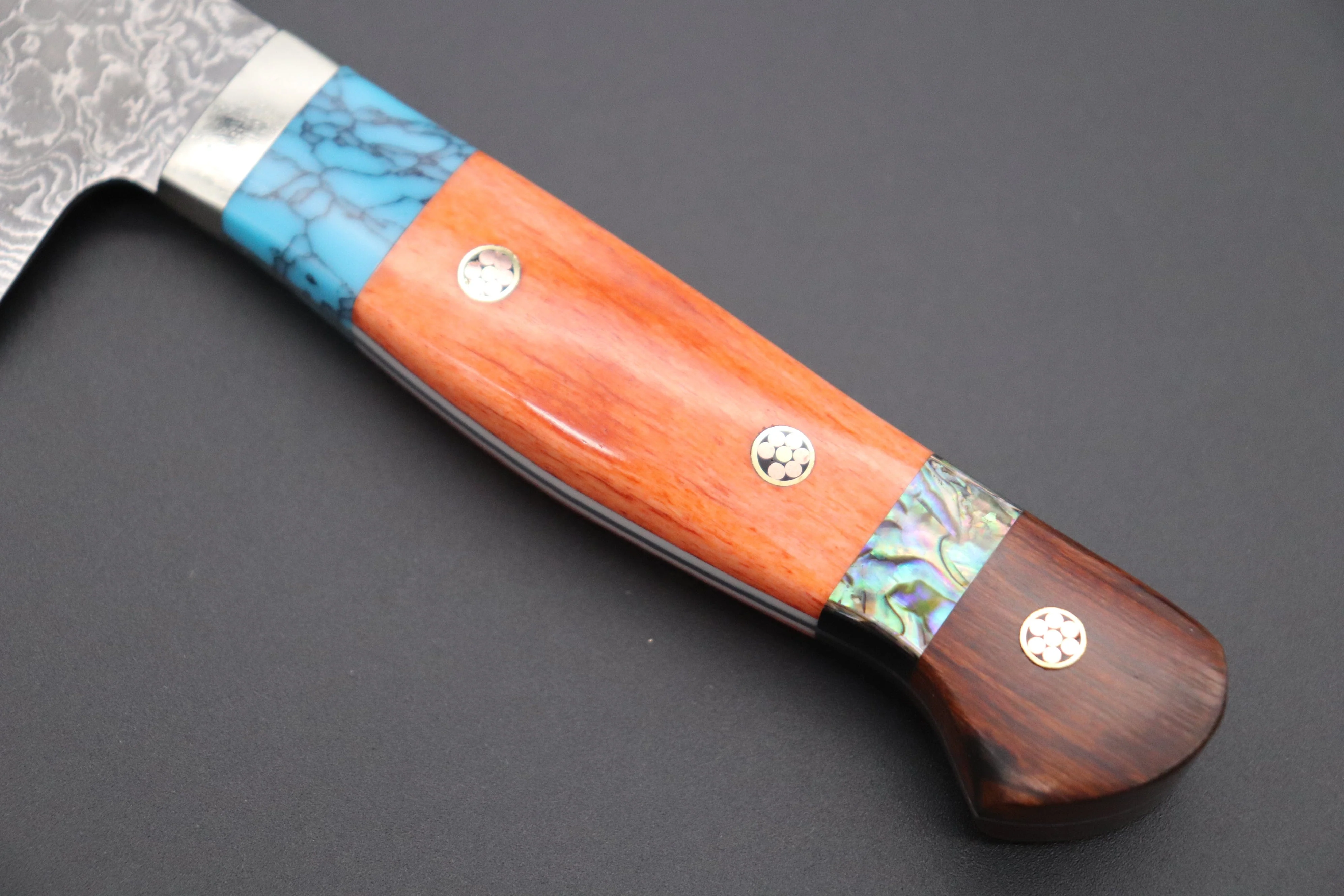 Mr. Itou R-2 Custom Damascus Gyuto 165mm (6.4 Inch) "Custom Combination Handle(Turquoise Gem-Composite Stone/Orange Color Camel Bone/Abalone/Ironwood)" (IT-151) - Image 3