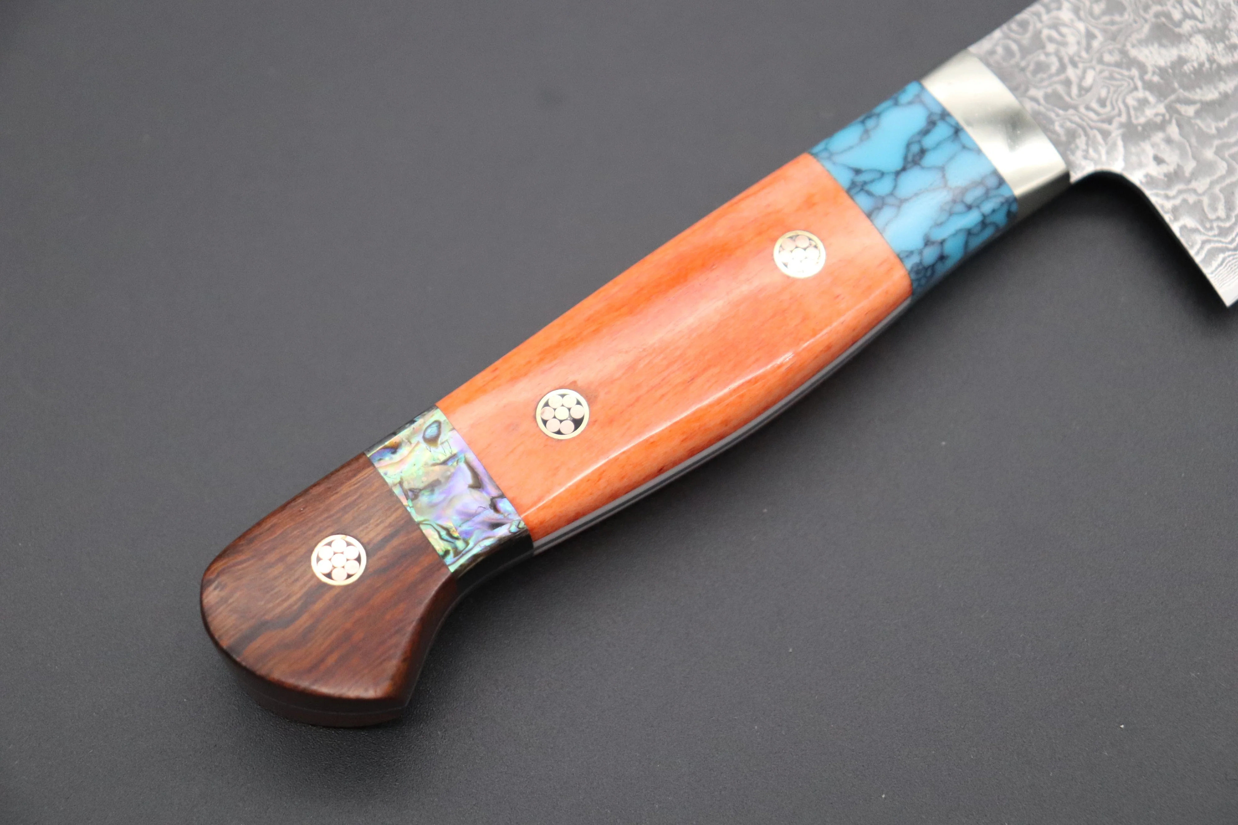 Mr. Itou R-2 Custom Damascus Gyuto 165mm (6.4 Inch) "Custom Combination Handle(Turquoise Gem-Composite Stone/Orange Color Camel Bone/Abalone/Ironwood)" (IT-151) - Image 6