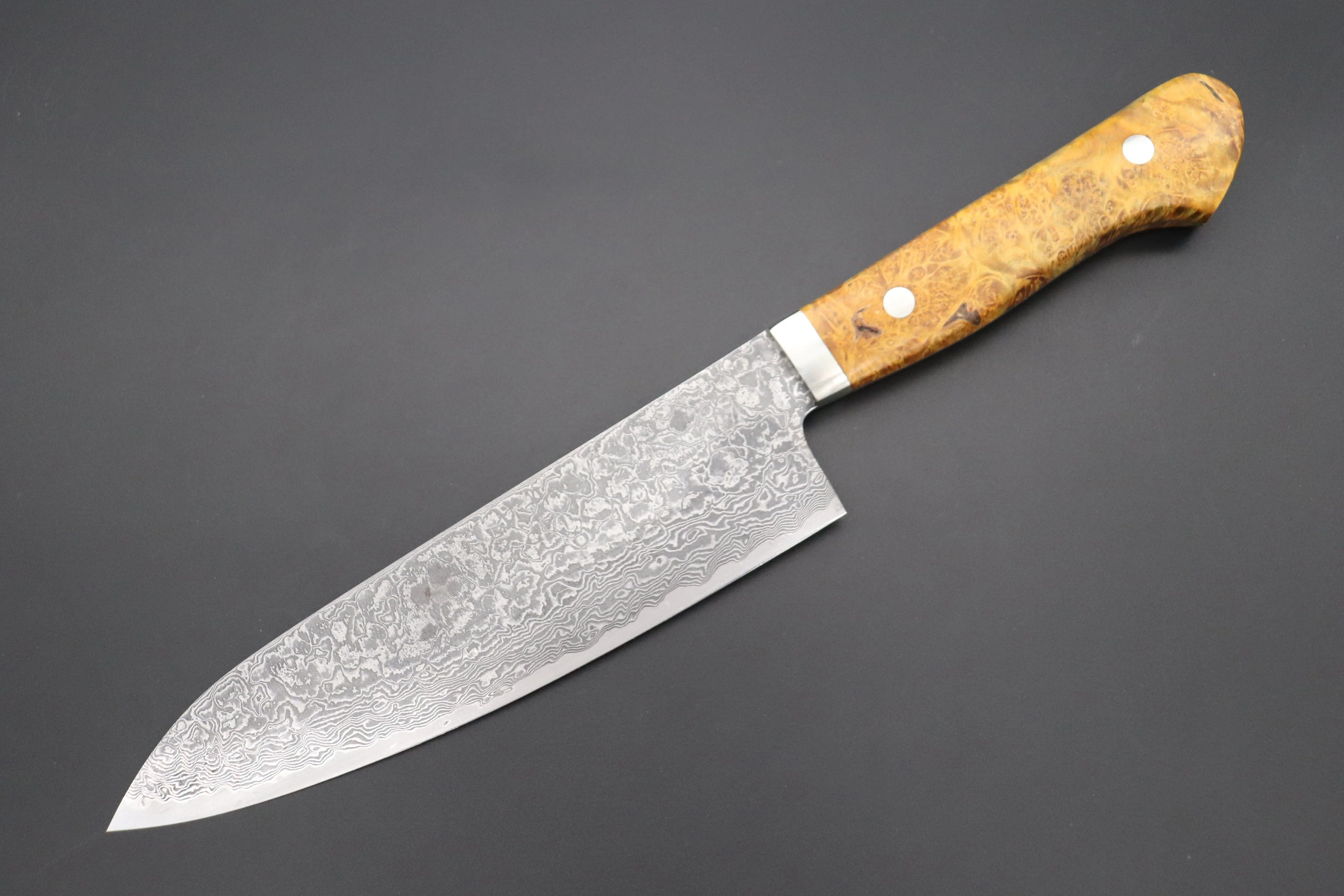 Mr. Itou R-2 Custom Damascus Gyuto 180mm (7 inch, Stabilized Yellow-color Maple Burl Wood Handle, IT-238)