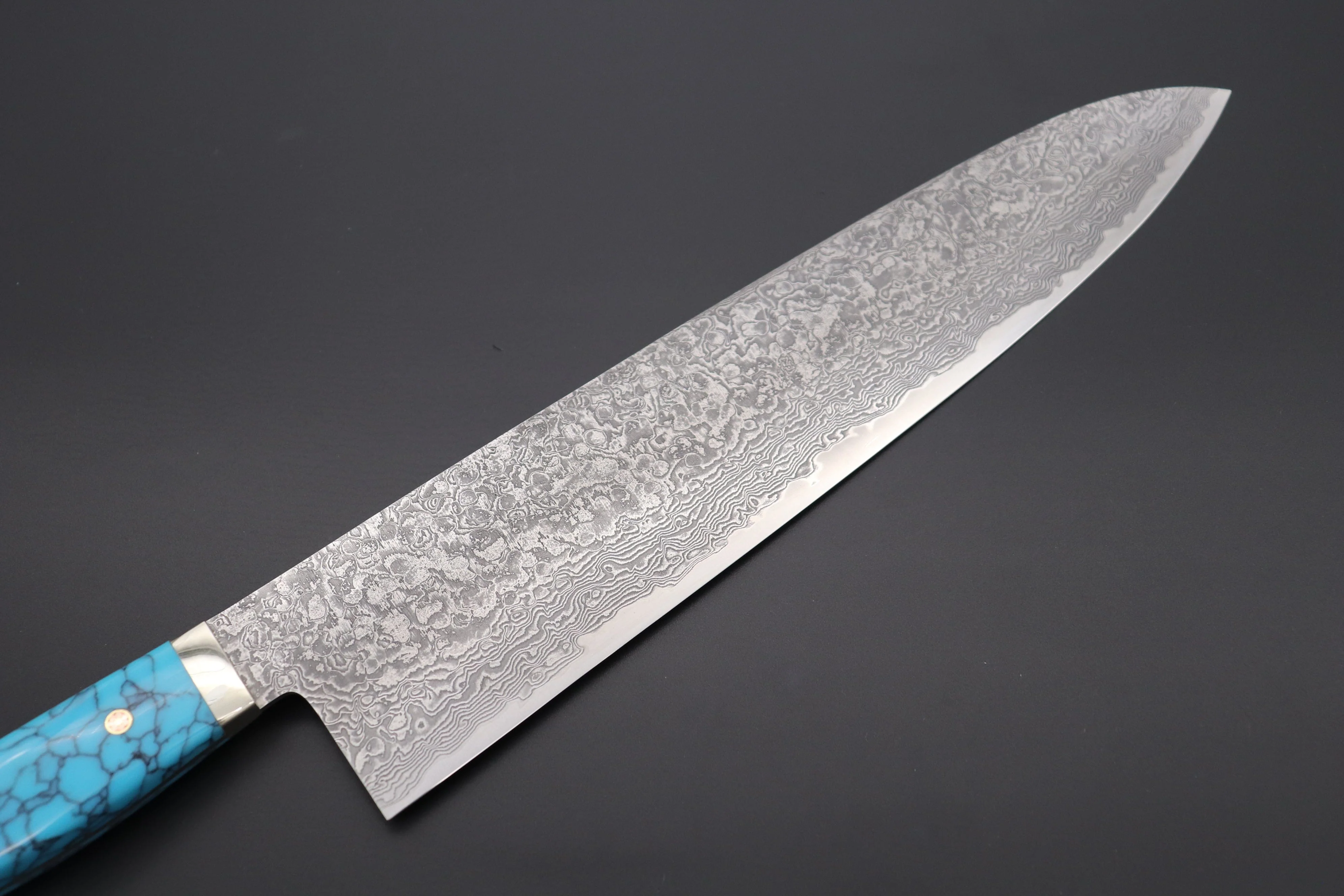 Mr. Itou R-2 Custom Damascus Gyuto 265mm (10.4 inch) "Turquoise Gem-Composite Stone Handle" (IT-4) - Image 6