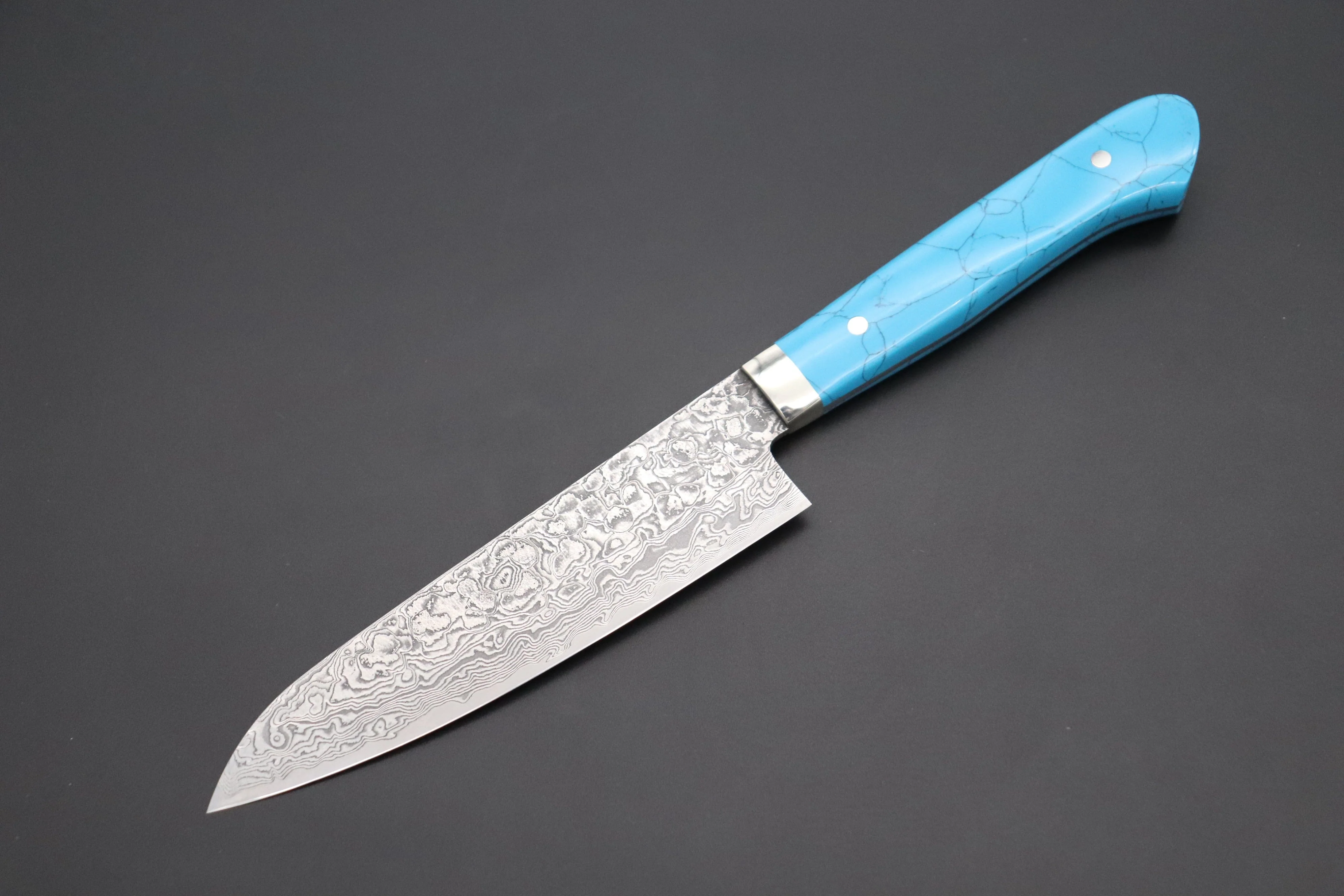 Mr. Itou R-2 Custom Damascus Petty 135mm (5.3 inch) "Turquoise Gem-Composite Stone Handle" (IT-215)