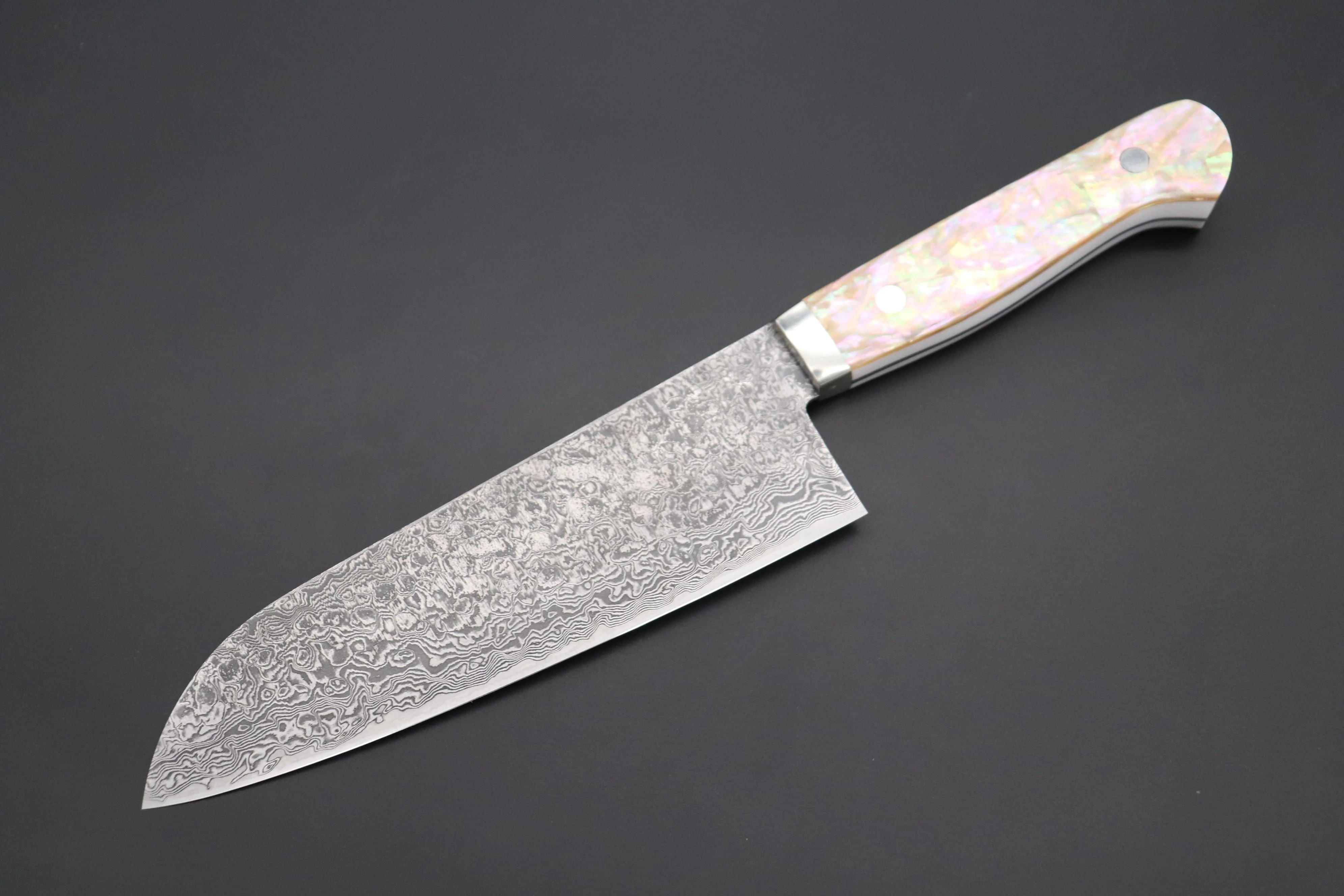 Mr. Itou R-2 Custom Damascus Santoku 170mm (6.6 inch) "White Abalone Handle" (IT-224)