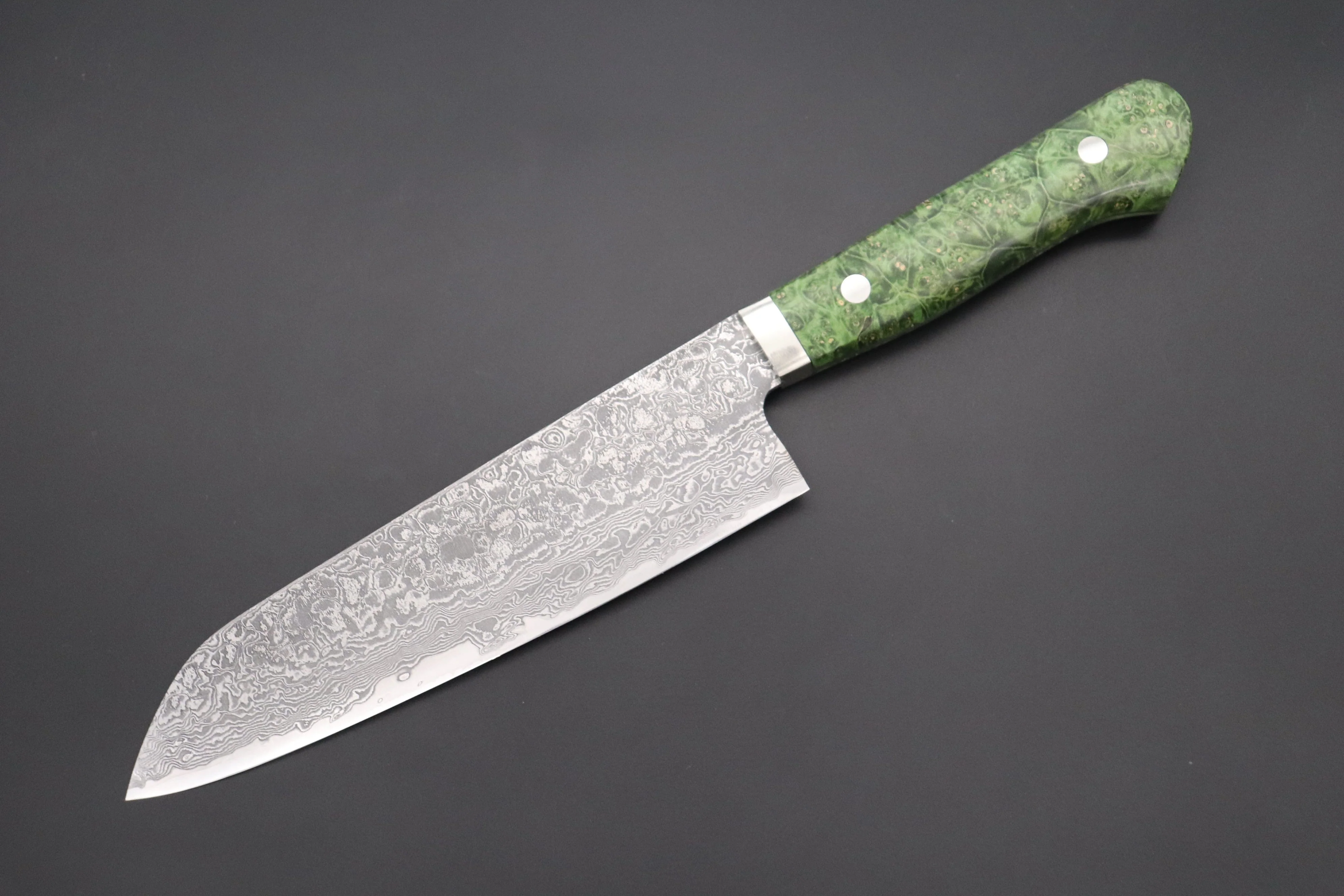 Mr. Itou R-2 Custom Damascus Santoku 180mm (7 inch, Green Color Stabilized Maple Burl Wood Handle, IT-226)