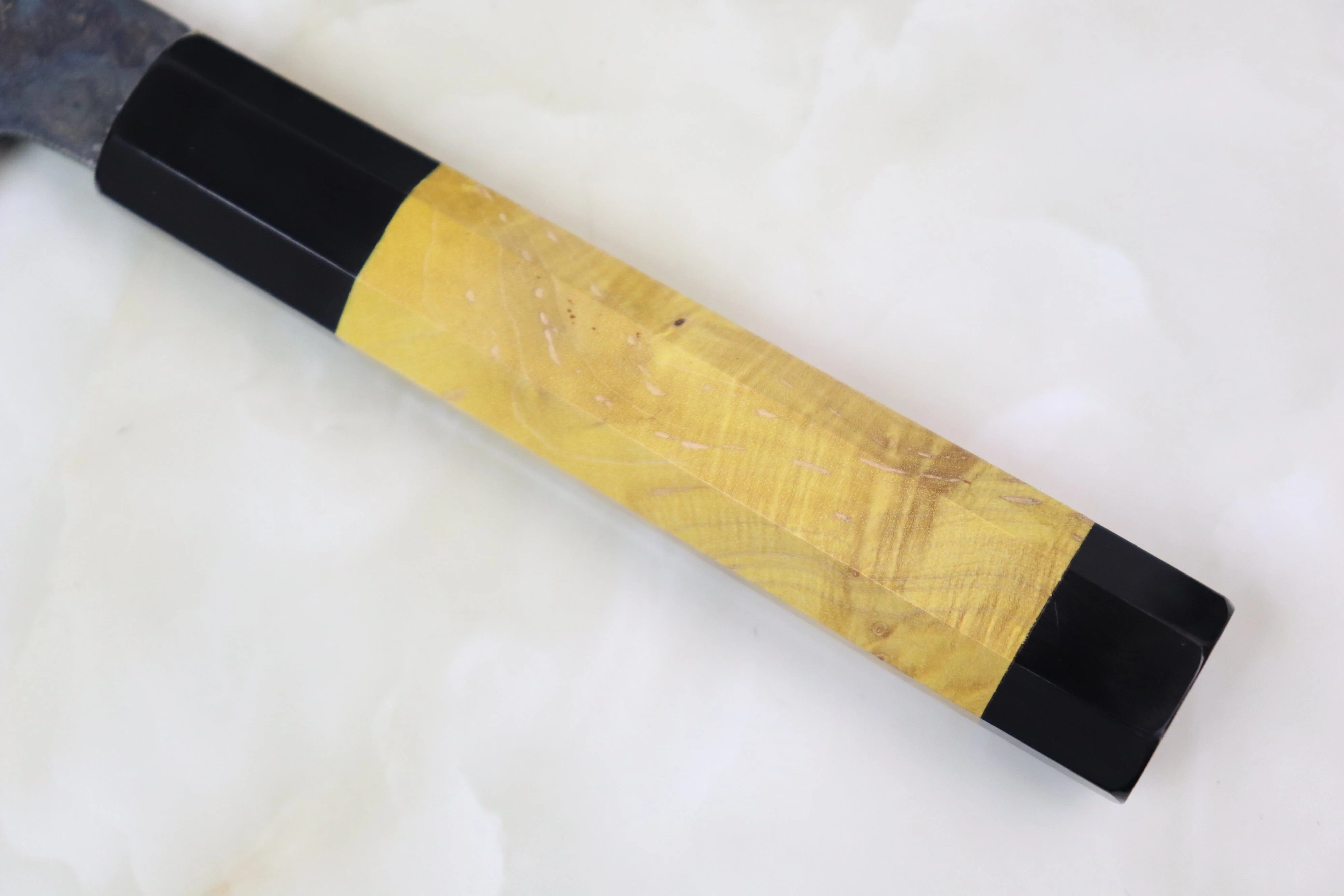 Shirou-Kunimitsu White Steel No.2 Kurouchi Series Special Edition SK-3SP30 Nakiri 165mm (6.4 Inch, Sunny Yellow Color Stabilized Maple Burl Wood Handle) - Image 3