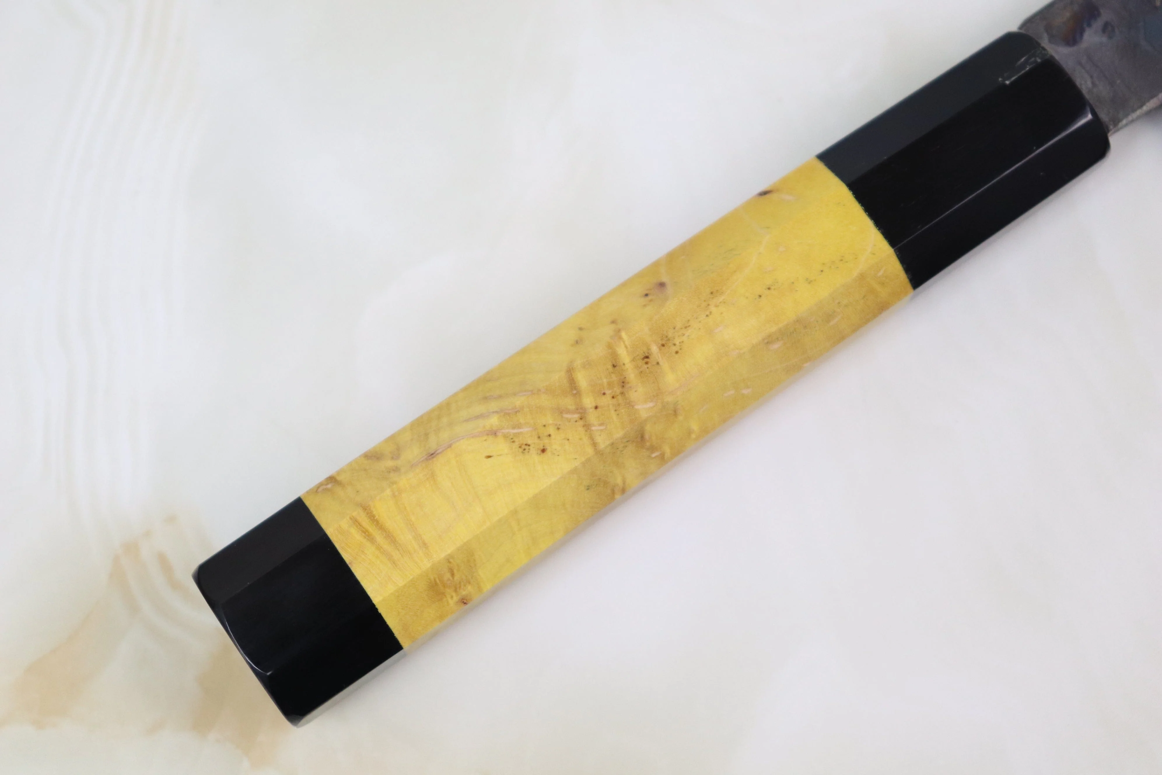Shirou-Kunimitsu White Steel No.2 Kurouchi Series Special Edition SK-3SP30 Nakiri 165mm (6.4 Inch, Sunny Yellow Color Stabilized Maple Burl Wood Handle) - Image 6