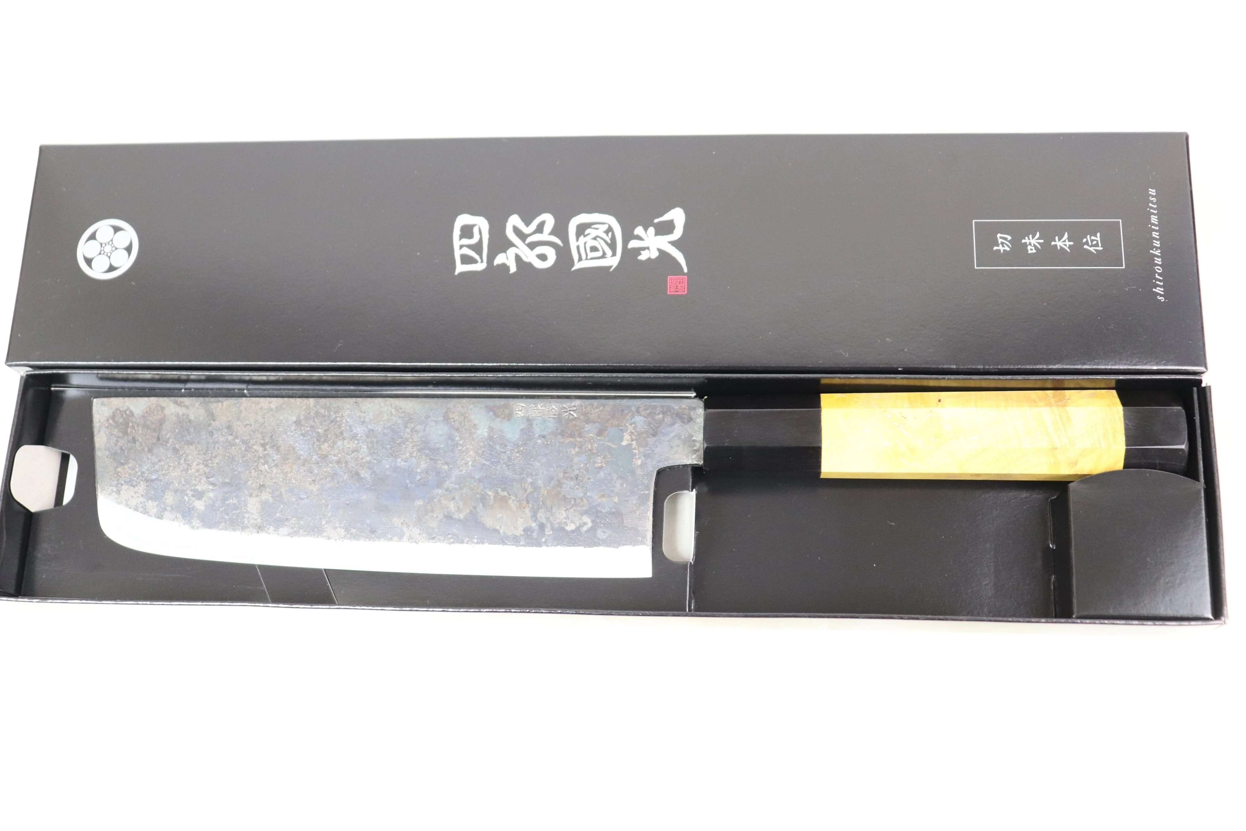 Shirou-Kunimitsu White Steel No.2 Kurouchi Series Special Edition SK-3SP30 Nakiri 165mm (6.4 Inch, Sunny Yellow Color Stabilized Maple Burl Wood Handle) - Image 7