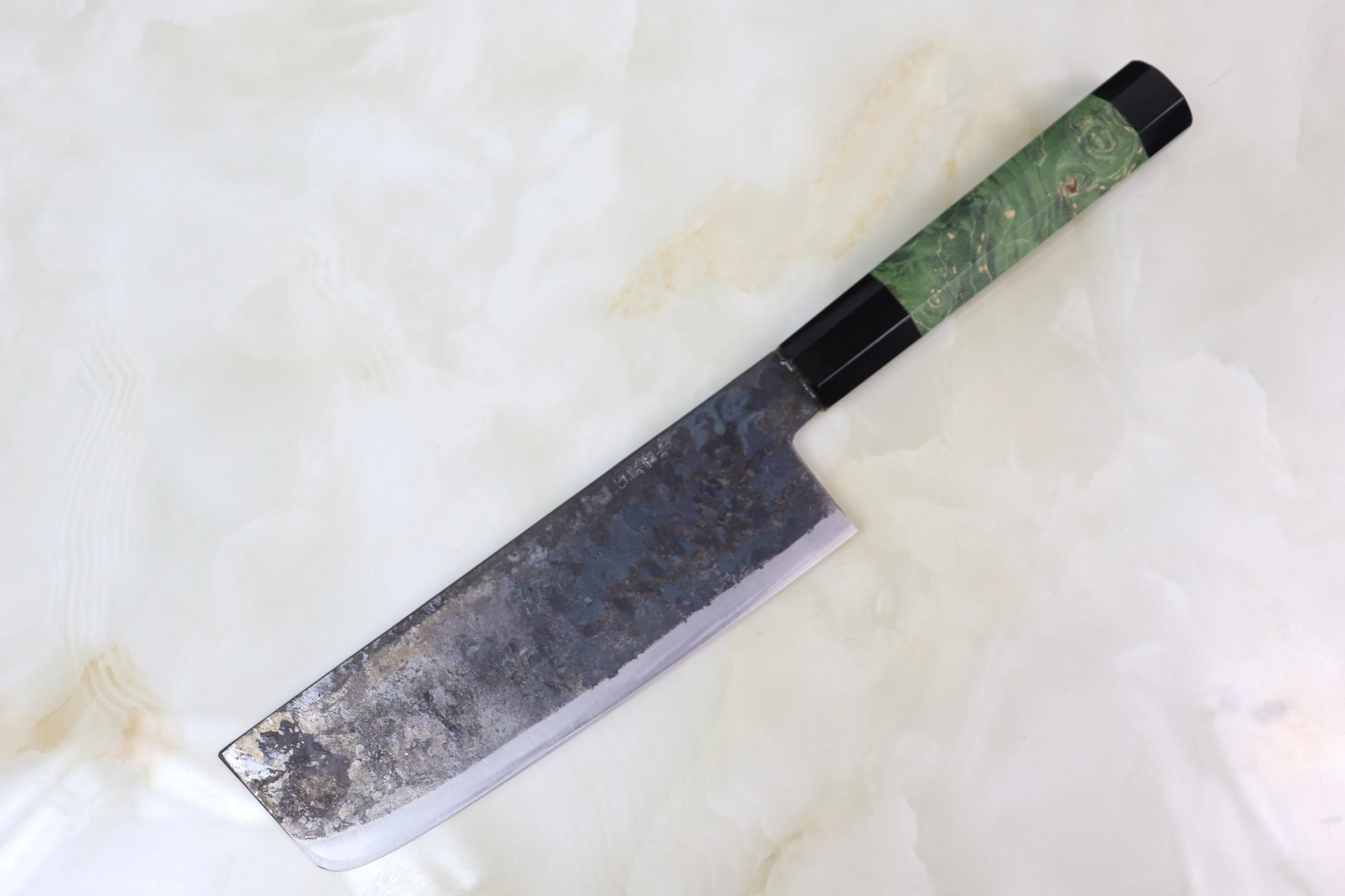 Shirou-Kunimitsu White Steel No.2 Kurouchi Series Special Edition SK-3SP32 Nakiri 165mm (6.4 Inch, Forrest Green Color Stabilized Maple Burl Wood Handle)