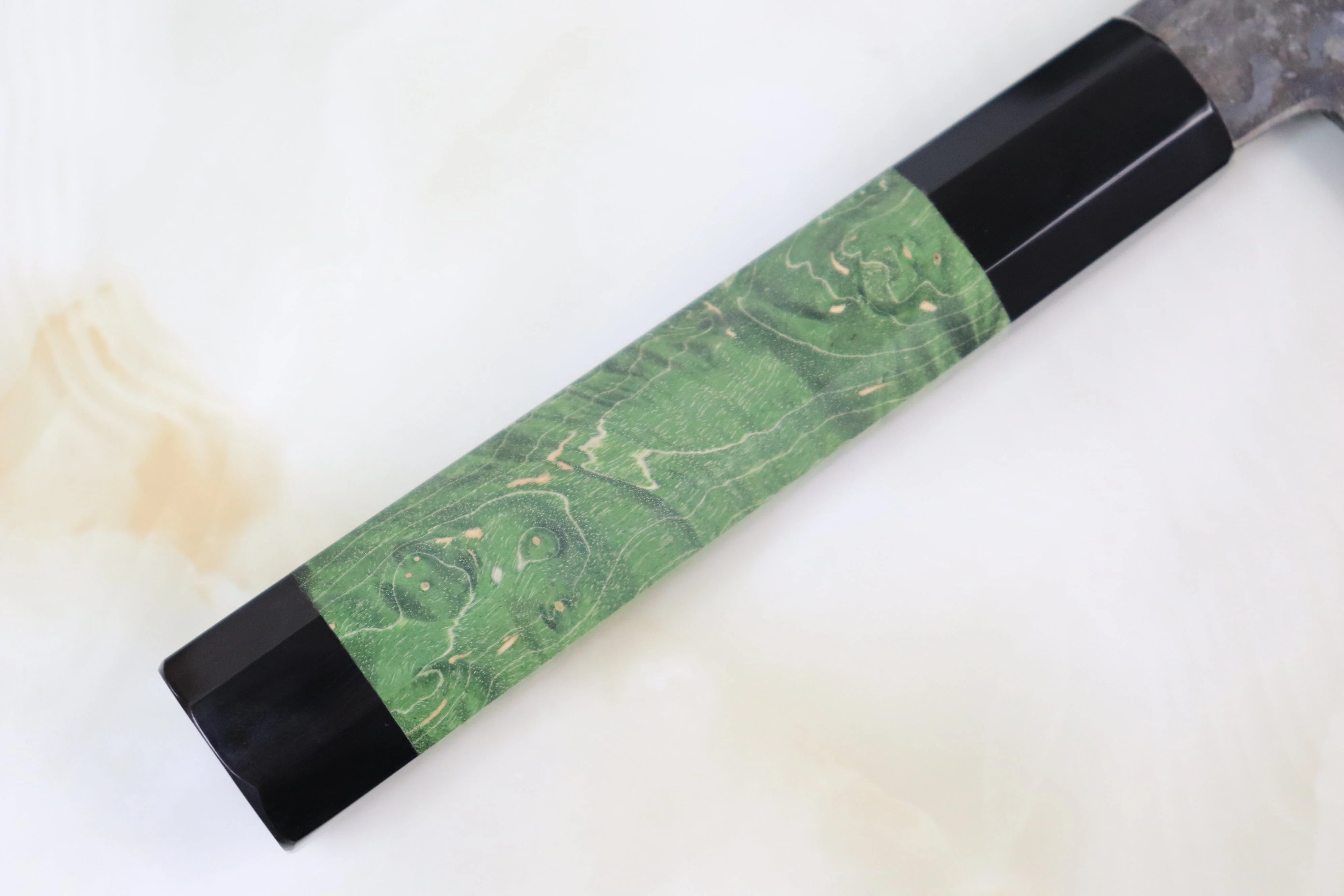 Shirou-Kunimitsu White Steel No.2 Kurouchi Series Special Edition SK-3SP32 Nakiri 165mm (6.4 Inch, Forrest Green Color Stabilized Maple Burl Wood Handle) - Image 5