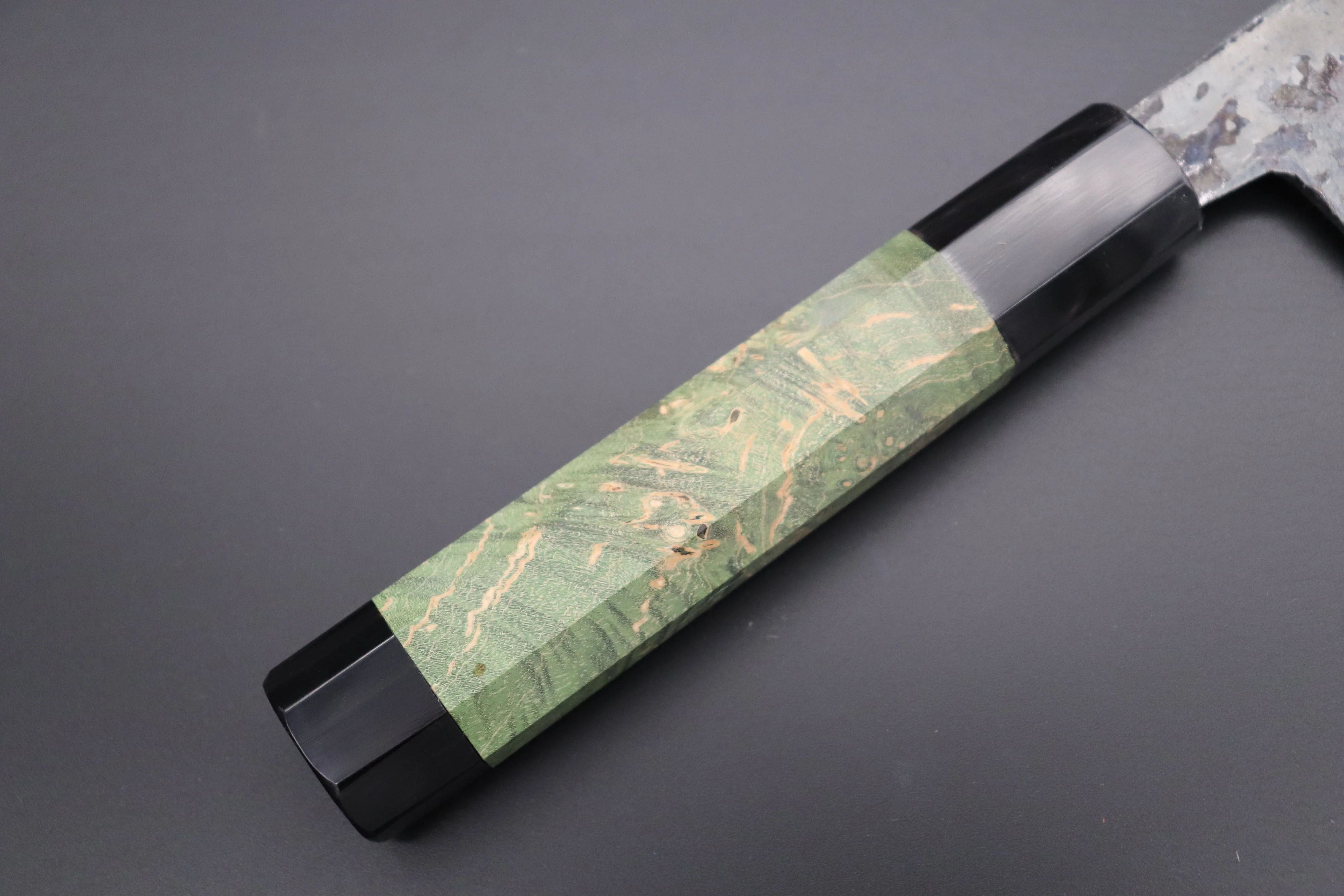 Shirou-Kunimitsu White Steel No.2 Kurouchi Series Special Edition SK-6SP18 Wa Gyuto 240mm (9.4 Inch, Forrest Green Color Stabilized Maple Burl Wood Handle) - Image 7