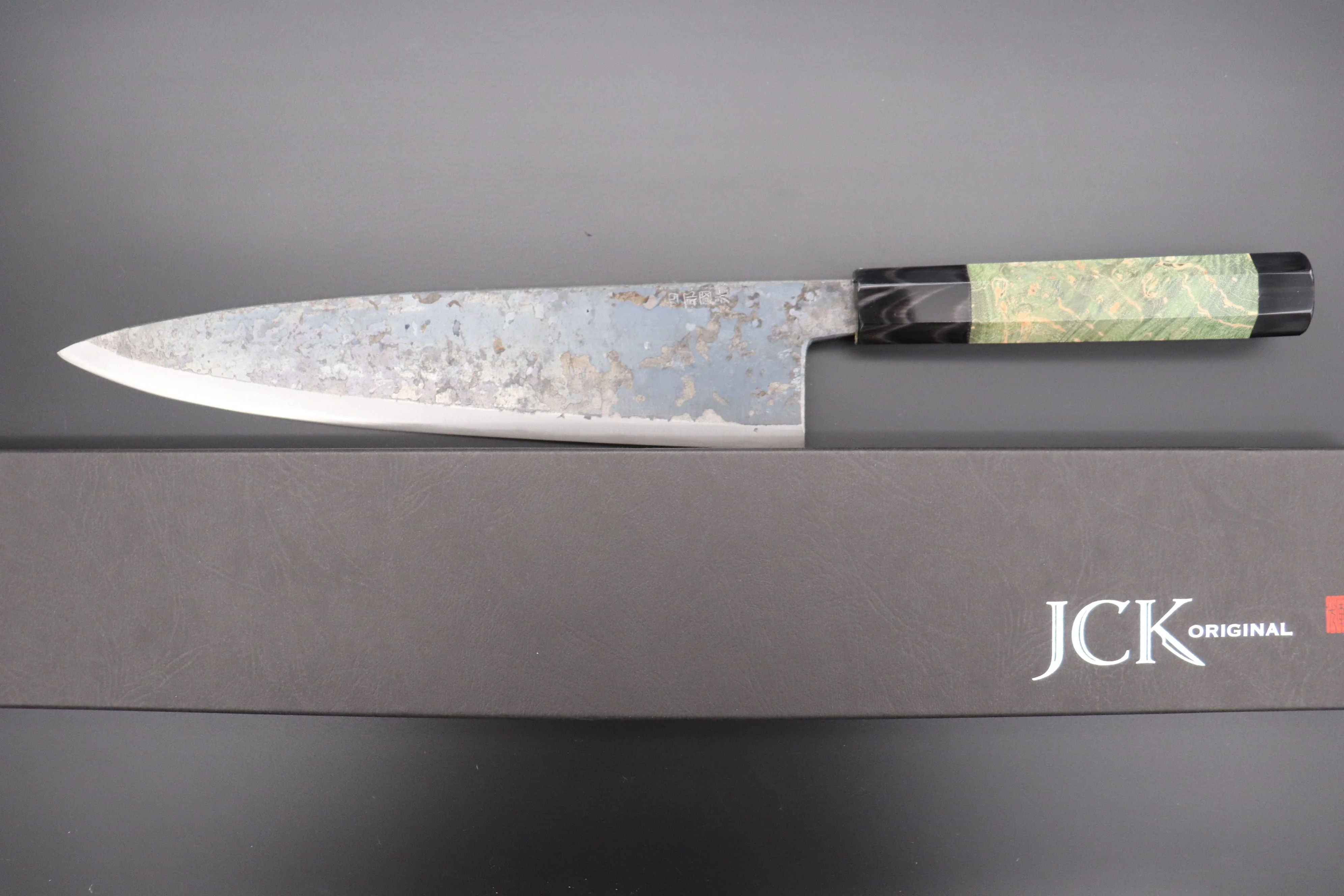 Shirou-Kunimitsu White Steel No.2 Kurouchi Series Special Edition SK-6SP18 Wa Gyuto 240mm (9.4 Inch, Forrest Green Color Stabilized Maple Burl Wood Handle) - Image 8