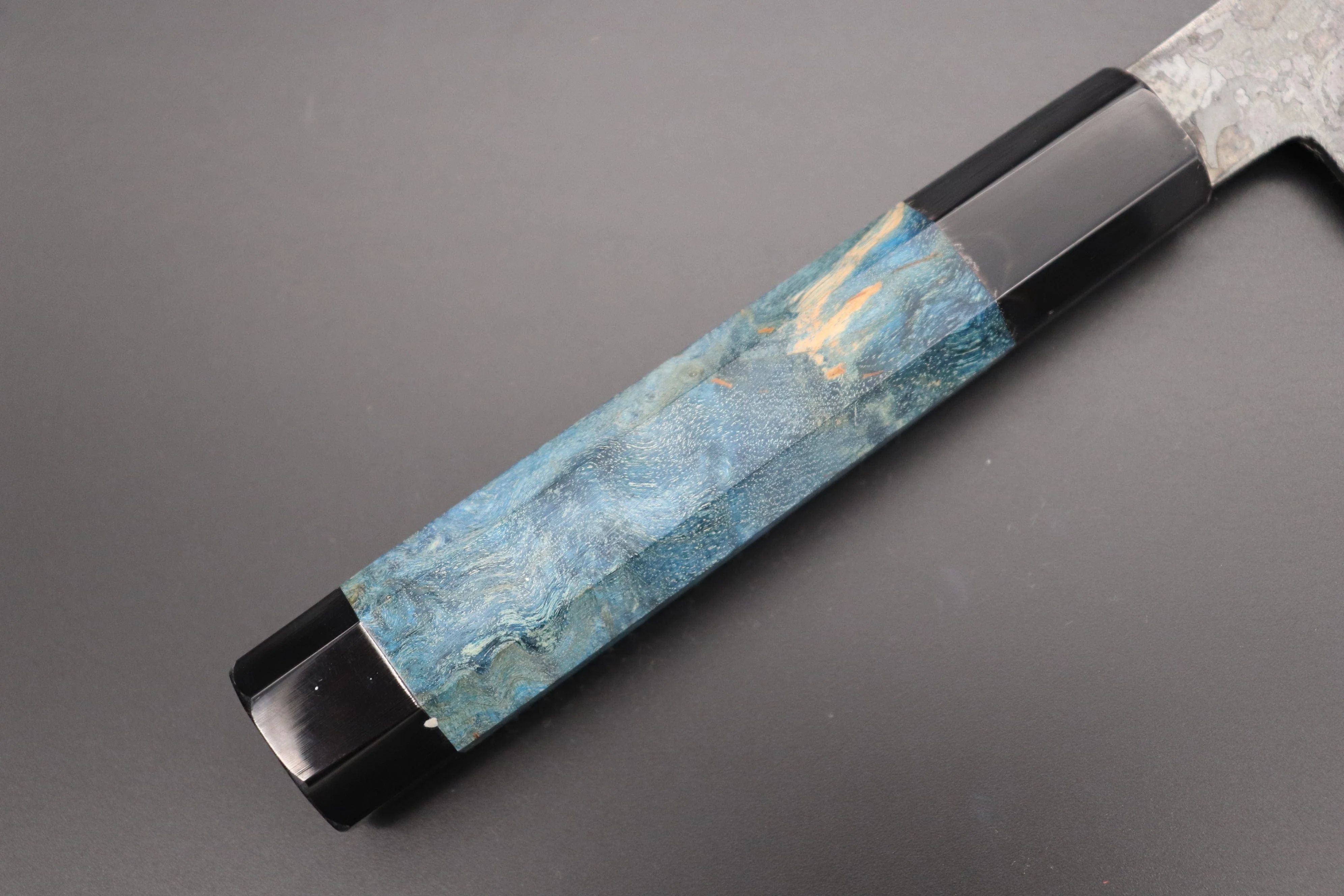 Shirou-Kunimitsu White Steel No.2 Kurouchi Series Special Edition SK-6SP21 Wa Gyuto 240mm (9.4 Inch, Ocean Blue Color Stabilized Maple Burl Wood Handle) - Image 7