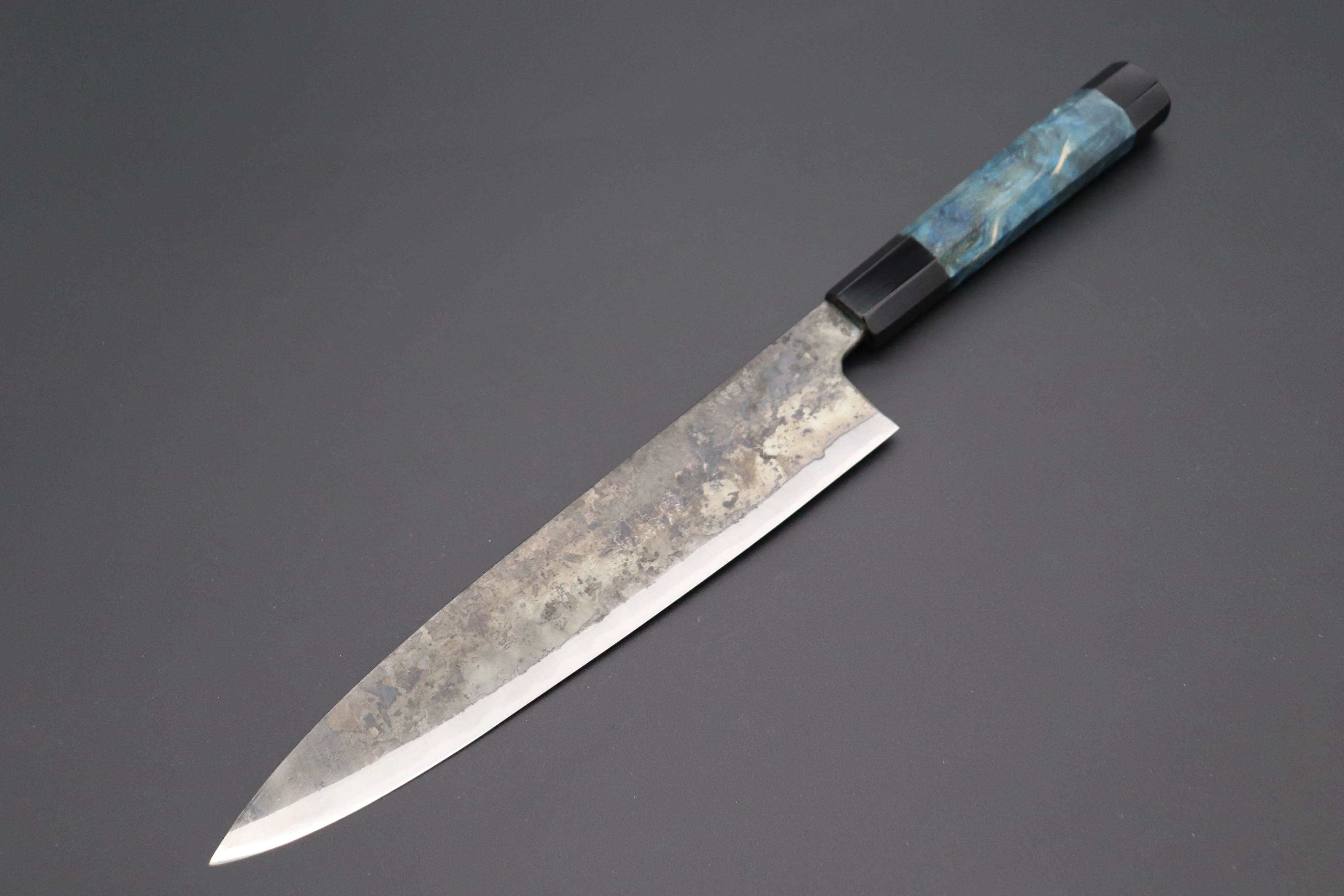 Shirou-Kunimitsu White Steel No.2 Kurouchi Series Special Edition SK-6SP29 Wa Gyuto 240mm (9.4 Inch, Ocean Blue Color Stabilized Maple Burl Wood Handle)