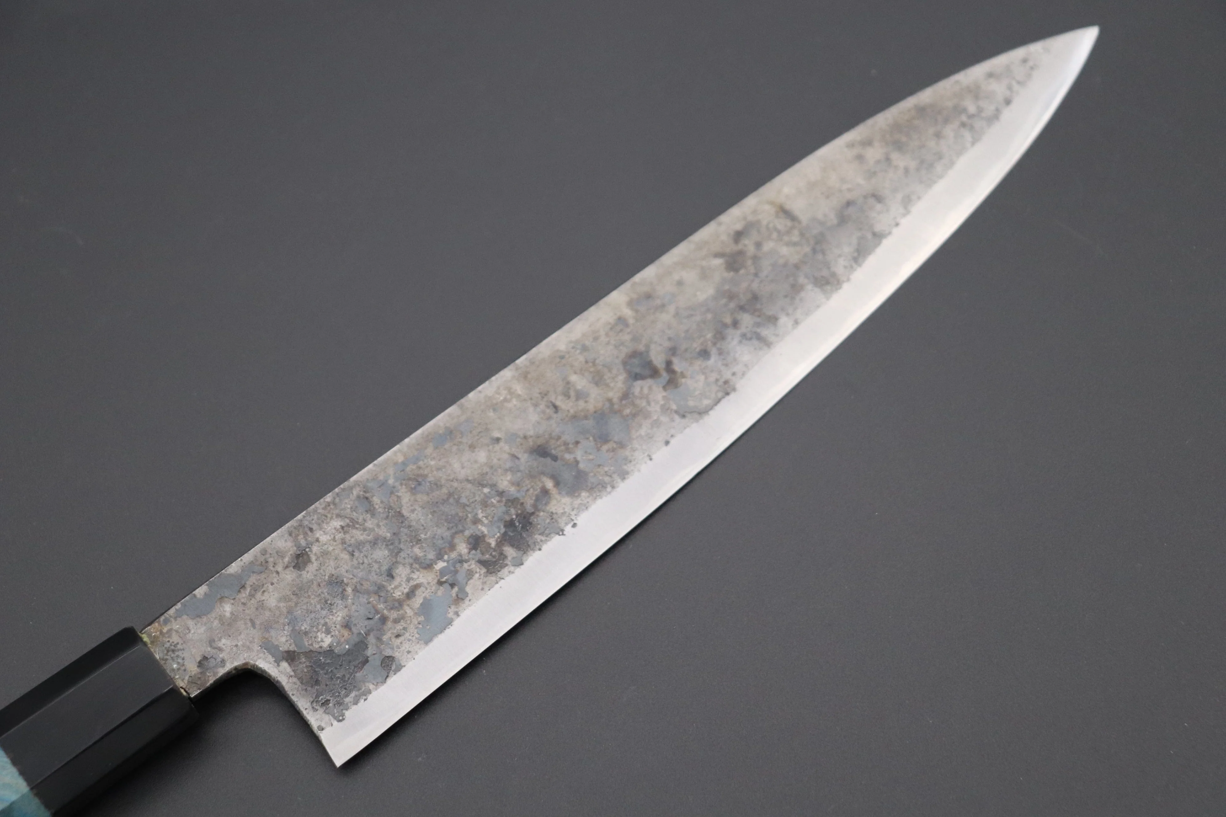 Shirou-Kunimitsu White Steel No.2 Kurouchi Series Special Edition SK-6SP30 Wa Gyuto 240mm (9.4 Inch, Ocean Blue Color Stabilized Maple Burl Wood Handle) - Image 6