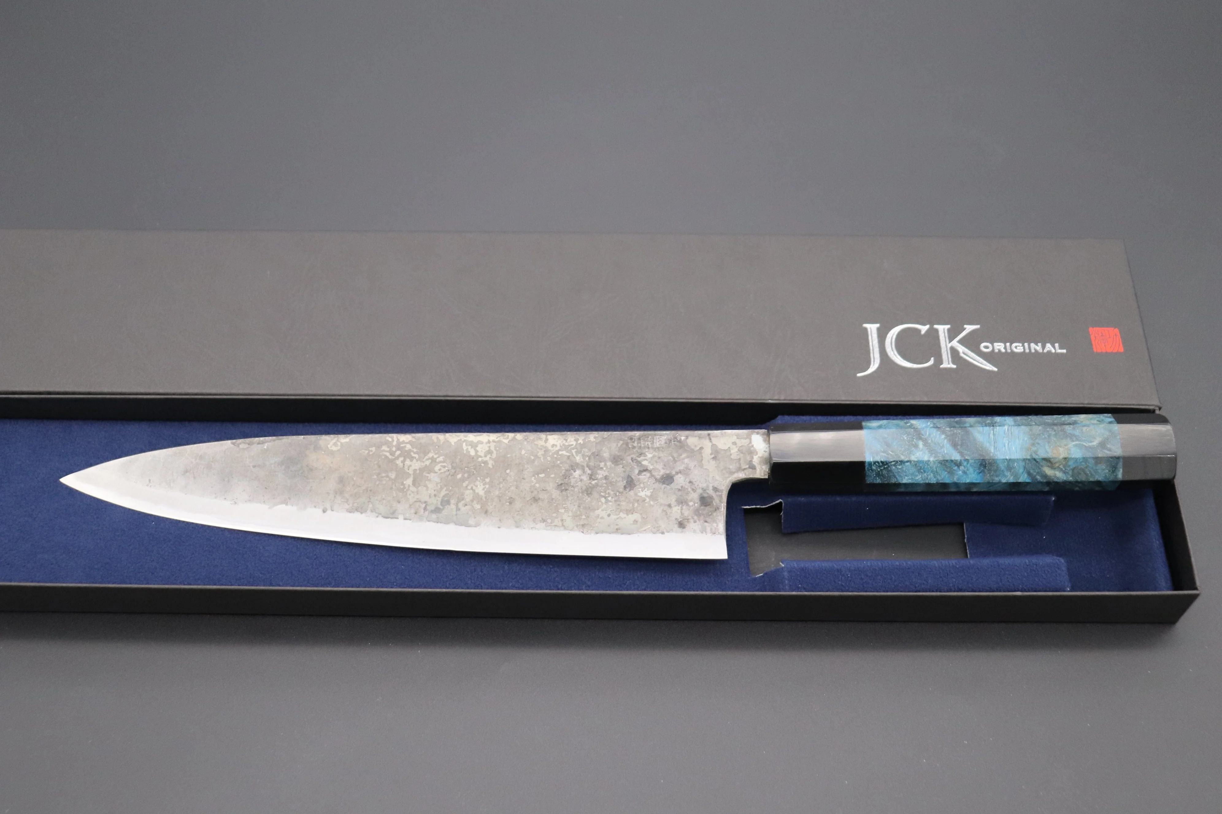 Shirou-Kunimitsu White Steel No.2 Kurouchi Series Special Edition SK-6SP30 Wa Gyuto 240mm (9.4 Inch, Ocean Blue Color Stabilized Maple Burl Wood Handle) - Image 7