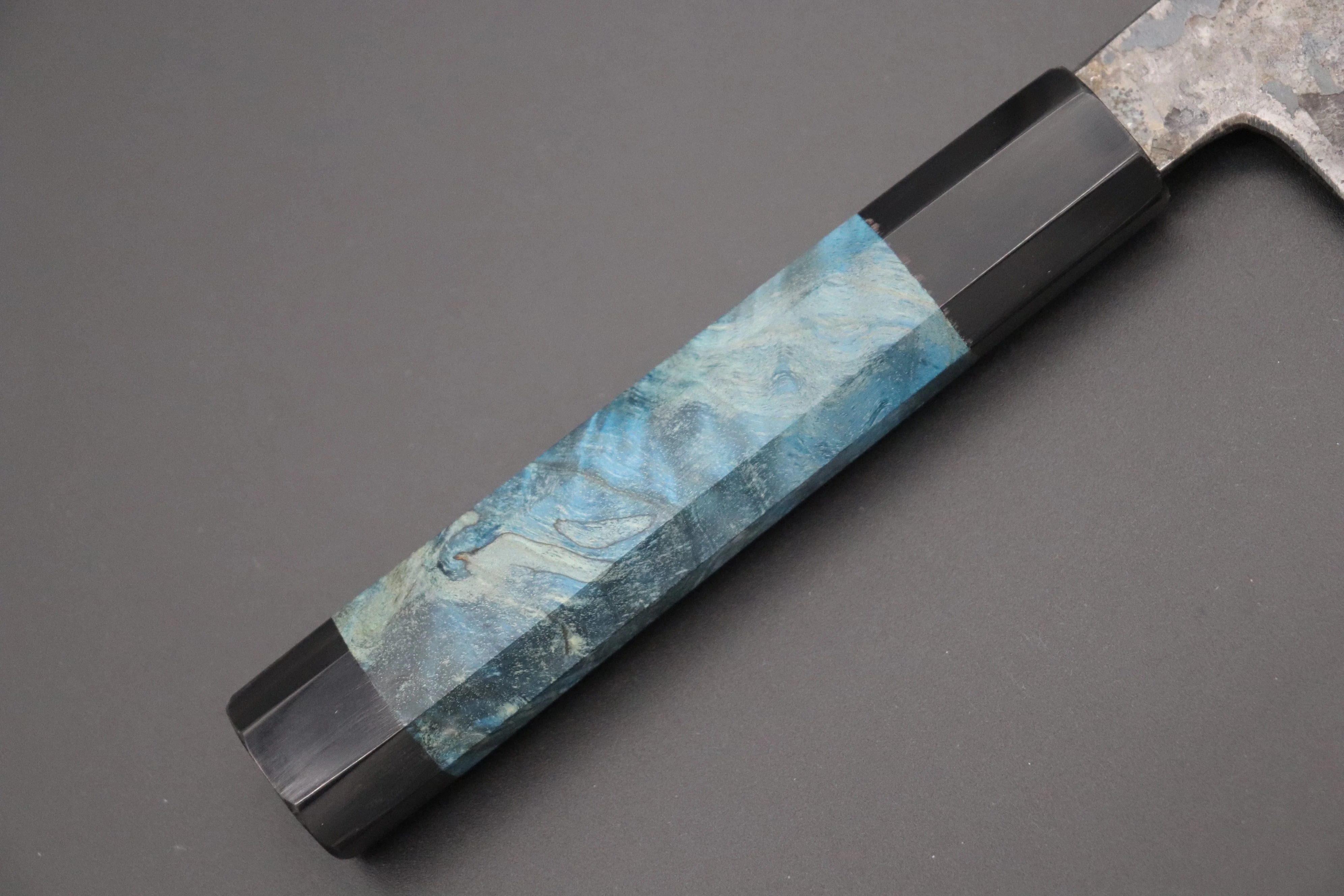 Shirou-Kunimitsu White Steel No.2 Kurouchi Series Special Edition SK-6SP30 Wa Gyuto 240mm (9.4 Inch, Ocean Blue Color Stabilized Maple Burl Wood Handle) - Image 8