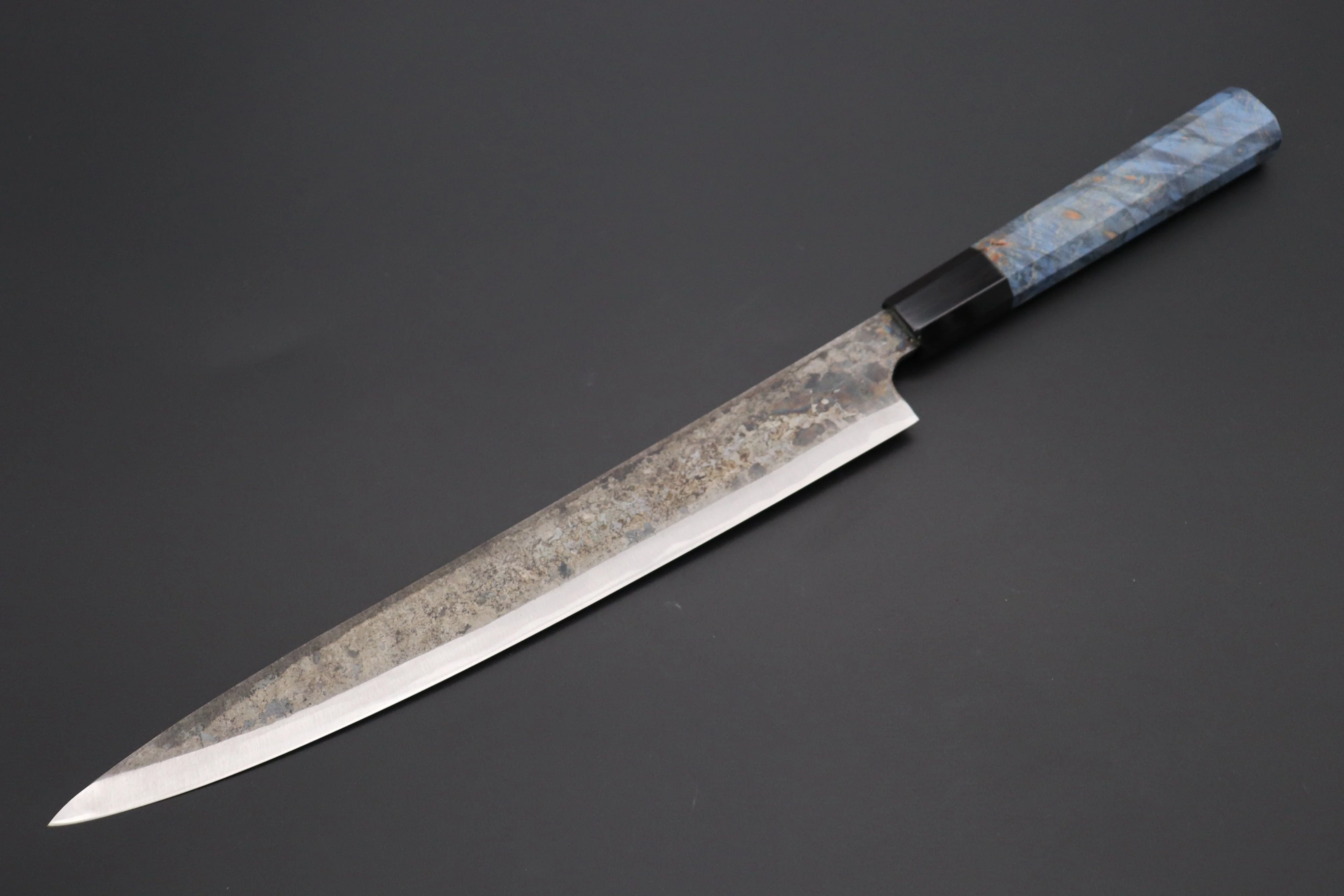 Shirou-Kunimitsu White Steel No.2 Kurouchi Series Special Edition SK-7SP1 Wa Sujihiki 270mm (10.6 Inch, Ocean Blue Color Stabilized Maple Burl Wood Handle)