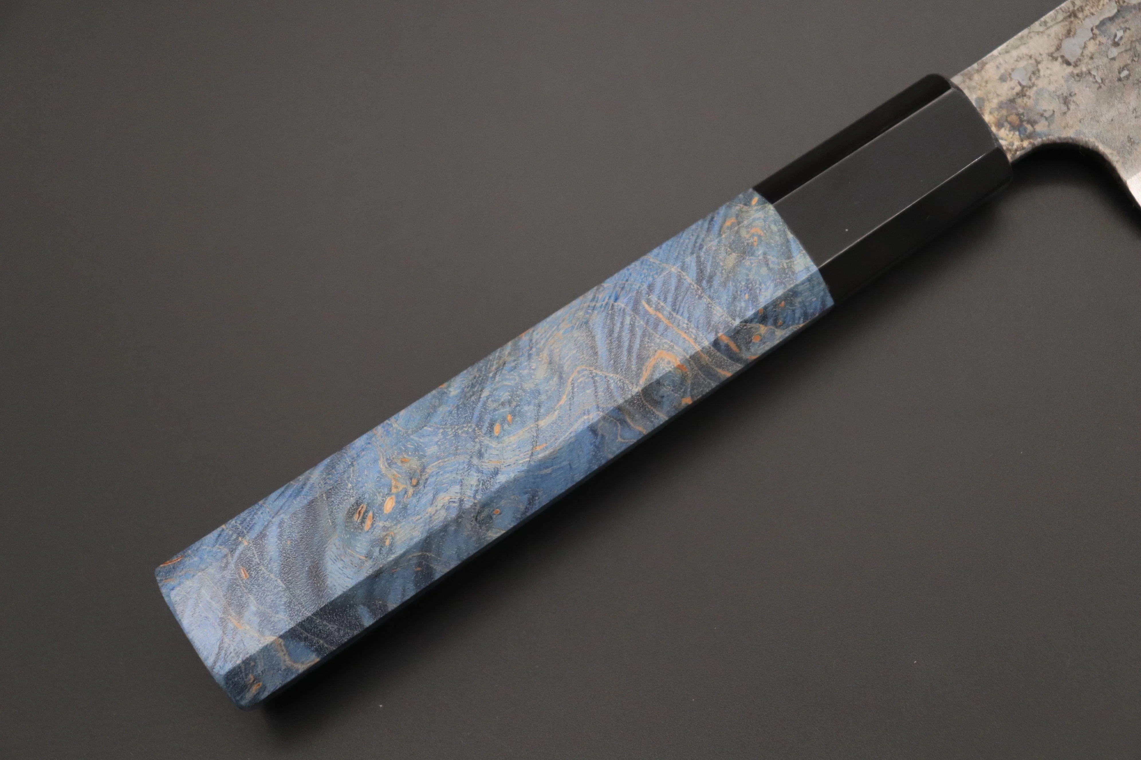 Shirou-Kunimitsu White Steel No.2 Kurouchi Series Special Edition SK-7SP1 Wa Sujihiki 270mm (10.6 Inch, Ocean Blue Color Stabilized Maple Burl Wood Handle) - Image 7