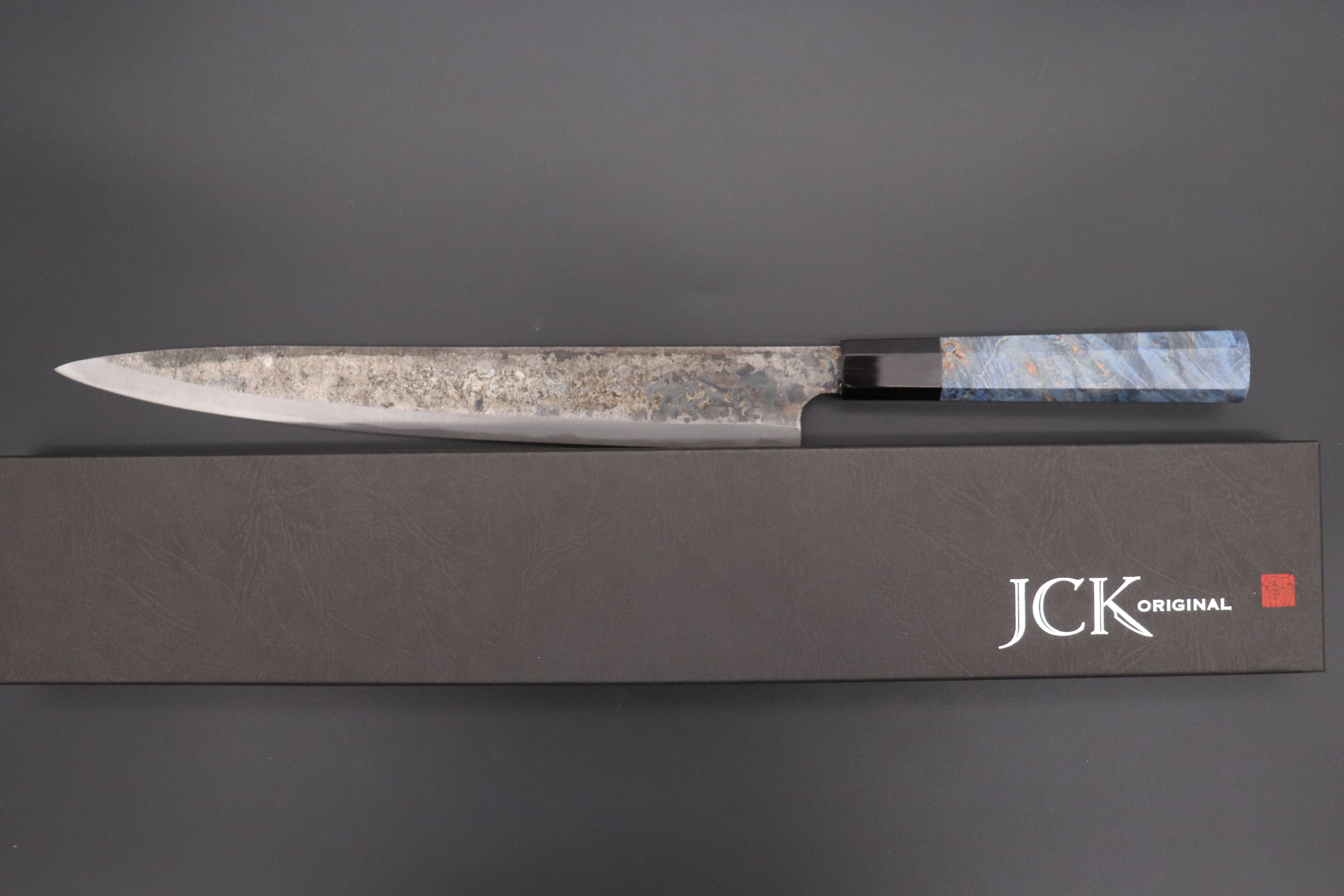 Shirou-Kunimitsu White Steel No.2 Kurouchi Series Special Edition SK-7SP1 Wa Sujihiki 270mm (10.6 Inch, Ocean Blue Color Stabilized Maple Burl Wood Handle) - Image 8