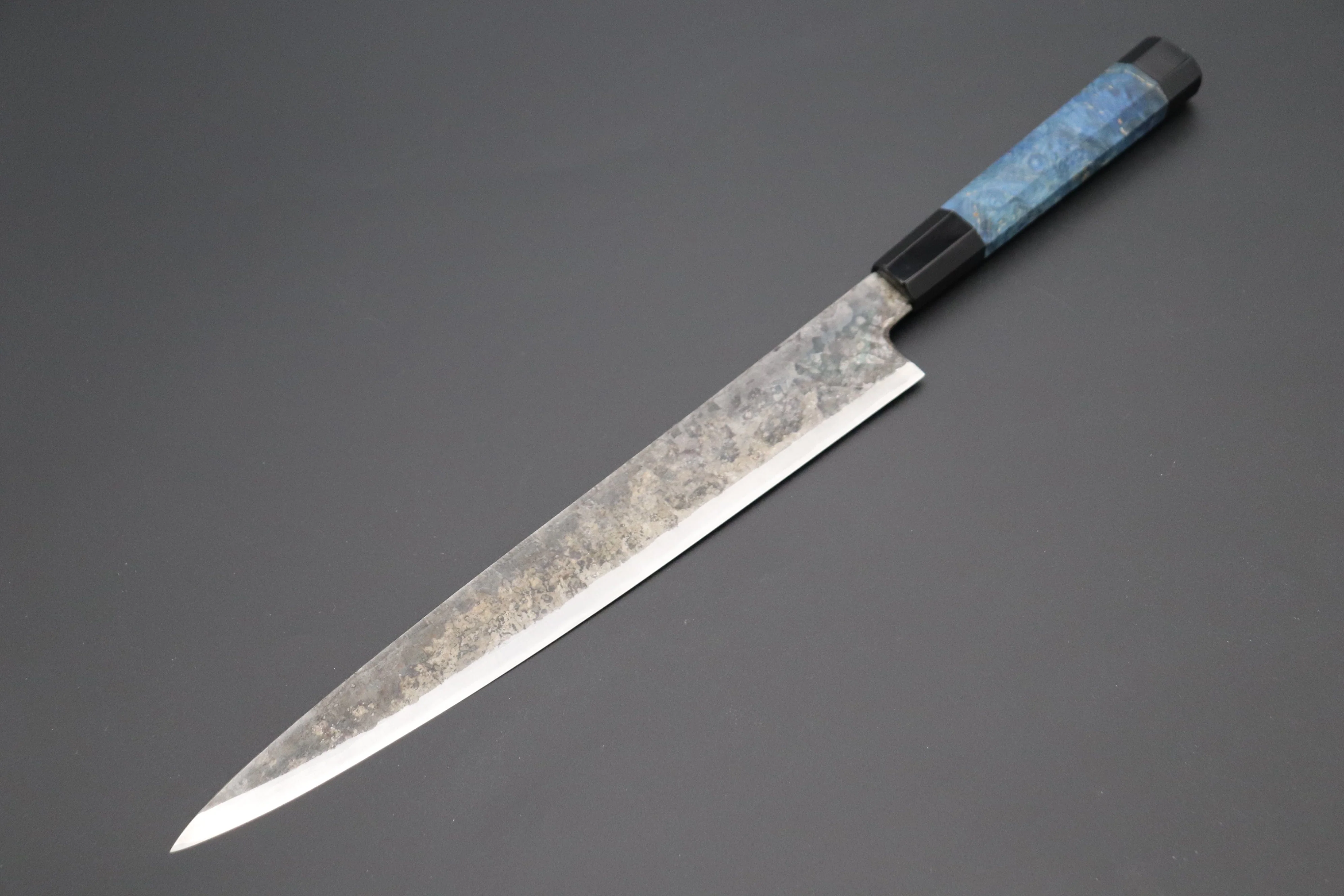 Shirou-Kunimitsu White Steel No.2 Kurouchi Series Special Edition SK-7SP12 Wa Sujihiki 270mm (10.6 Inch, Ocean Blue Color Stabilized Maple Burl Wood Handle)