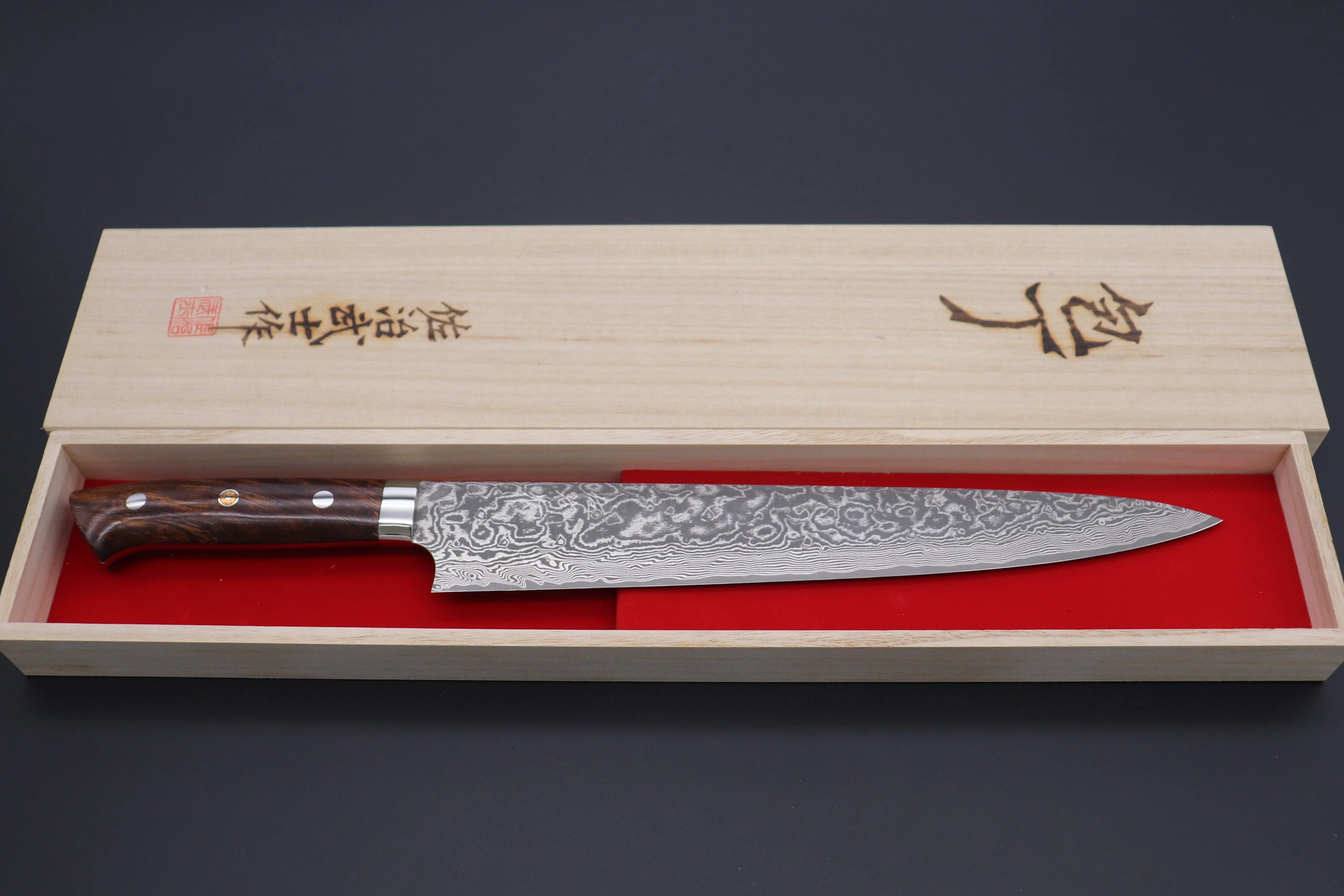 Takeshi Saji R-2 Custom Black Damascus Wild Series Sujihiki (240mm and 270mm, Ironwood Handle) - Image 8