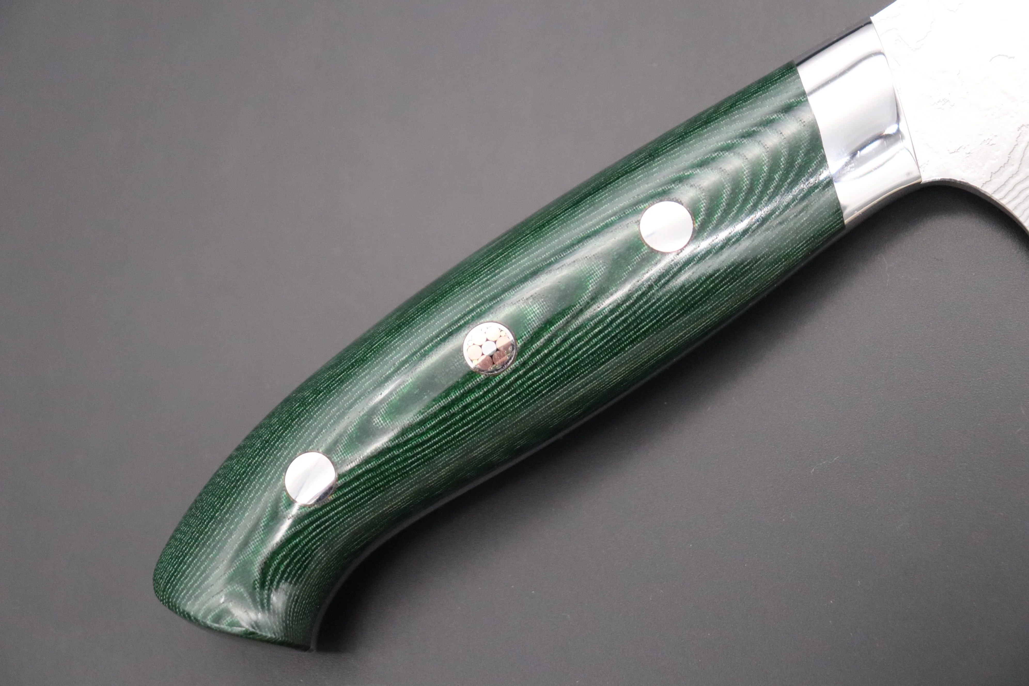 Takeshi Saji R-2 Diamond Damascus Gyuto — Upswept Design (210mm and 240mm, Green/Black Linen Micarta Handle) - Image 3